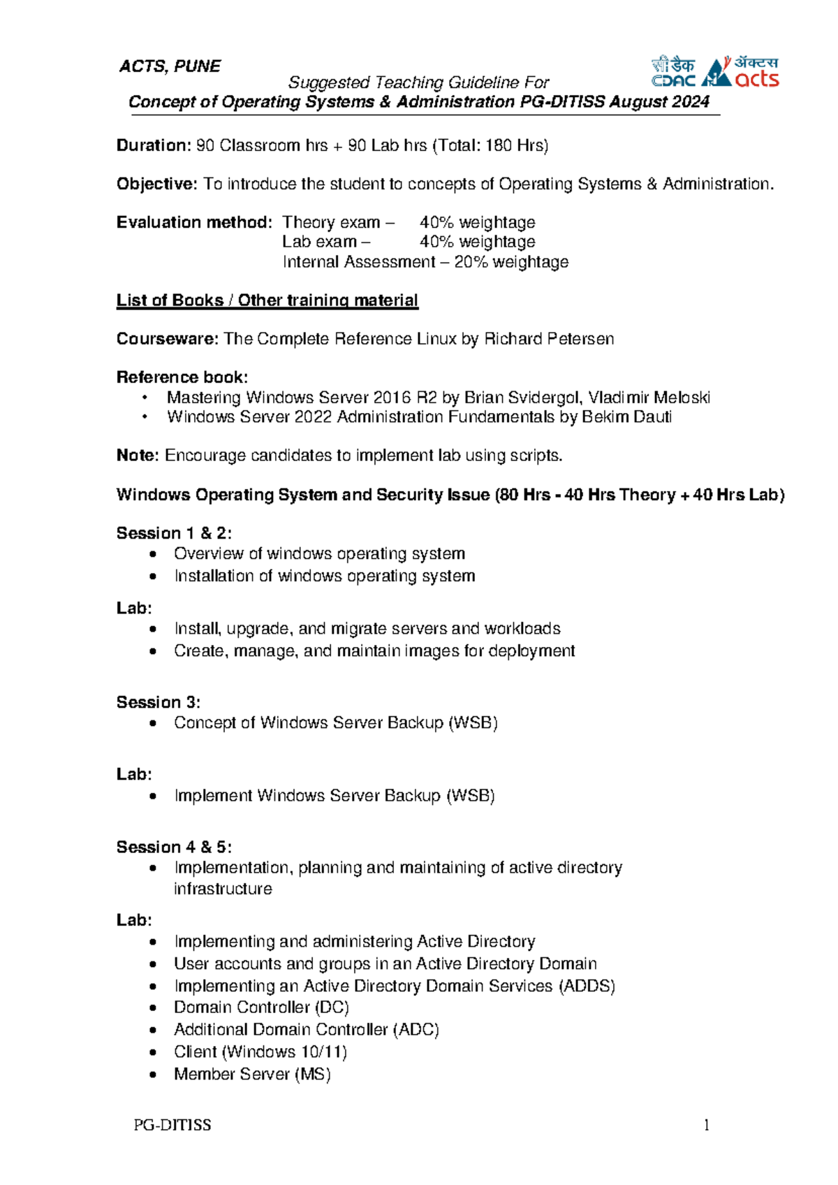 COSA - Teaching Guidelines for Operating Systems & Administration PG ...