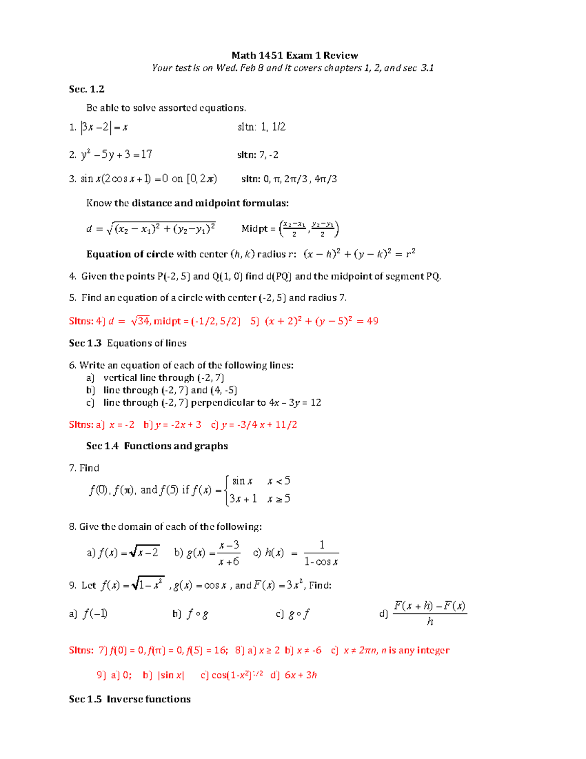 Math 1451 Exam 1 Review Spring 2023: Key Concepts & Solutions - Studocu