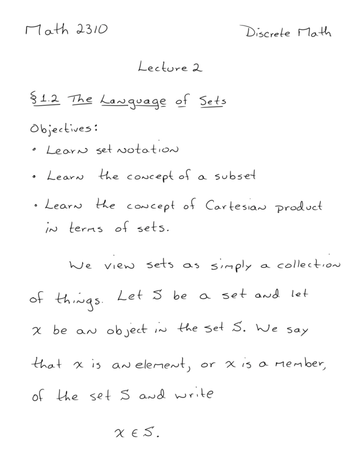 lesson 1.2 (the language of sets) - Math 2310 Discrete Math Lecture 2 1 ...