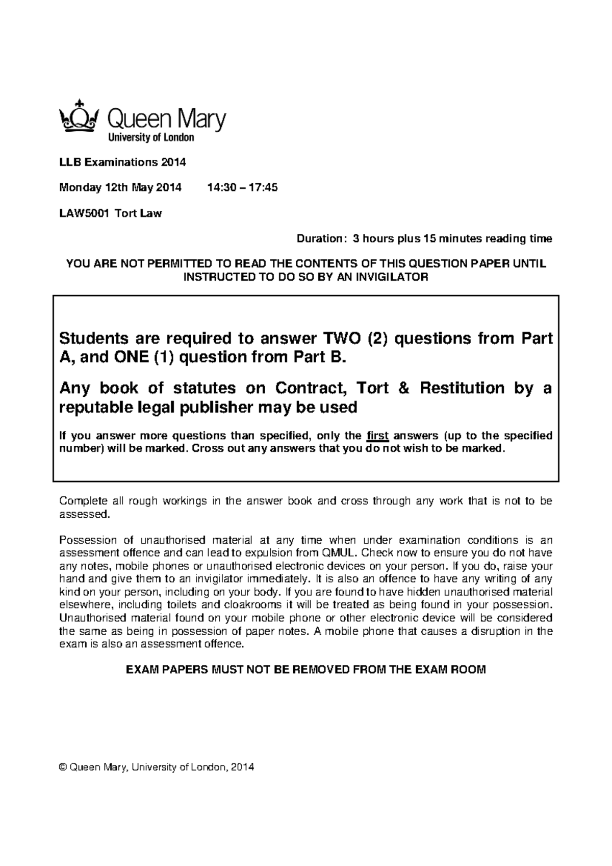 2014 - LAW5001 Tort Law exam paper - LAW5001 - QMUL - Studocu