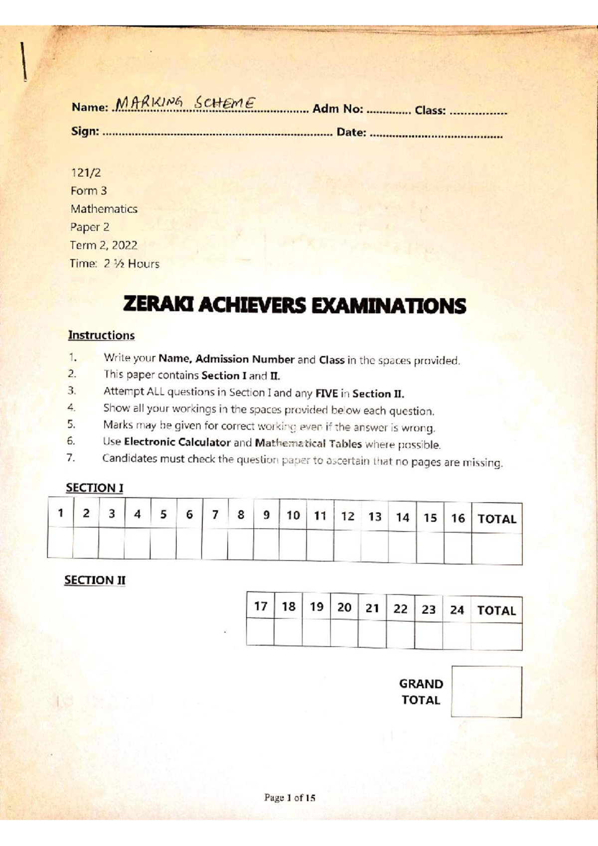 Undefined Mathematics Form 3 Paper 2 - Marking Scheme - Name: MARKING ...
