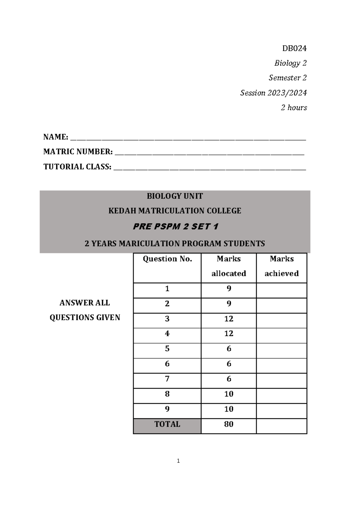 DB024 Biology 2 Midterm Exam Questions and Answers - Studocu