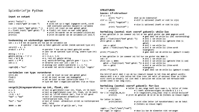 Spiekbriefje Python STRUCTUREN: Input en Output Basics - Studocu