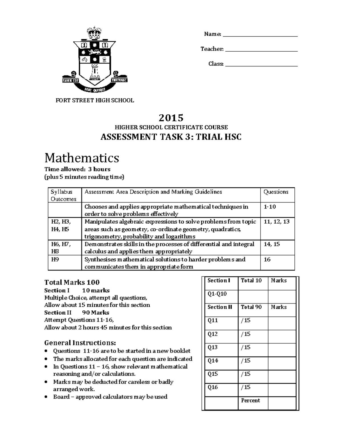 Fort St 2015 HSC Mathematics Trial Exam Solutions - Studocu