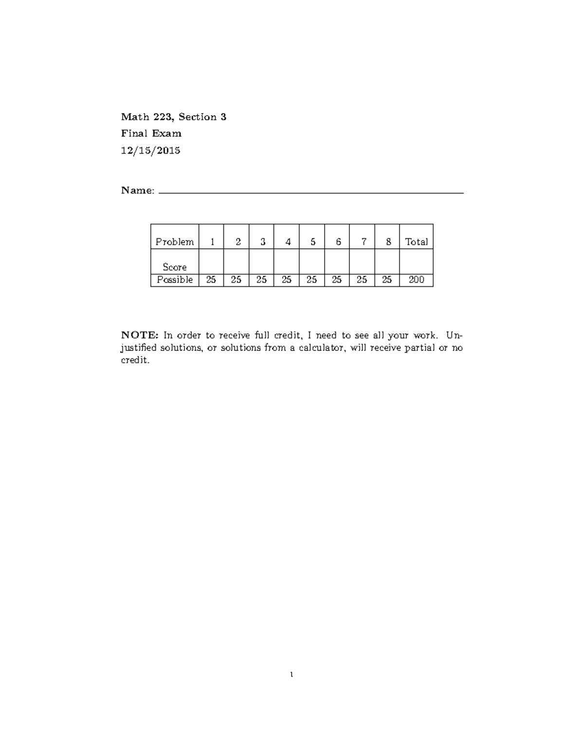 Math 223 Final Exam Review - Old Calculus 3 Problems - Studocu