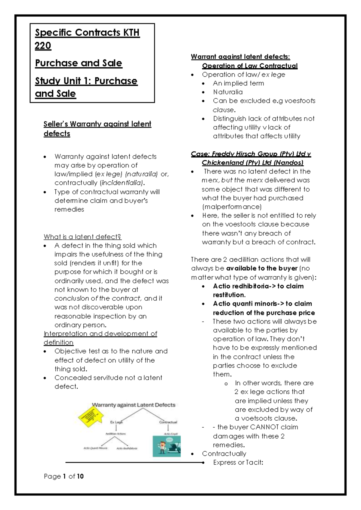 Specific Contracts KTH 220: Study Unit 1 - Warranty Against Latent ...