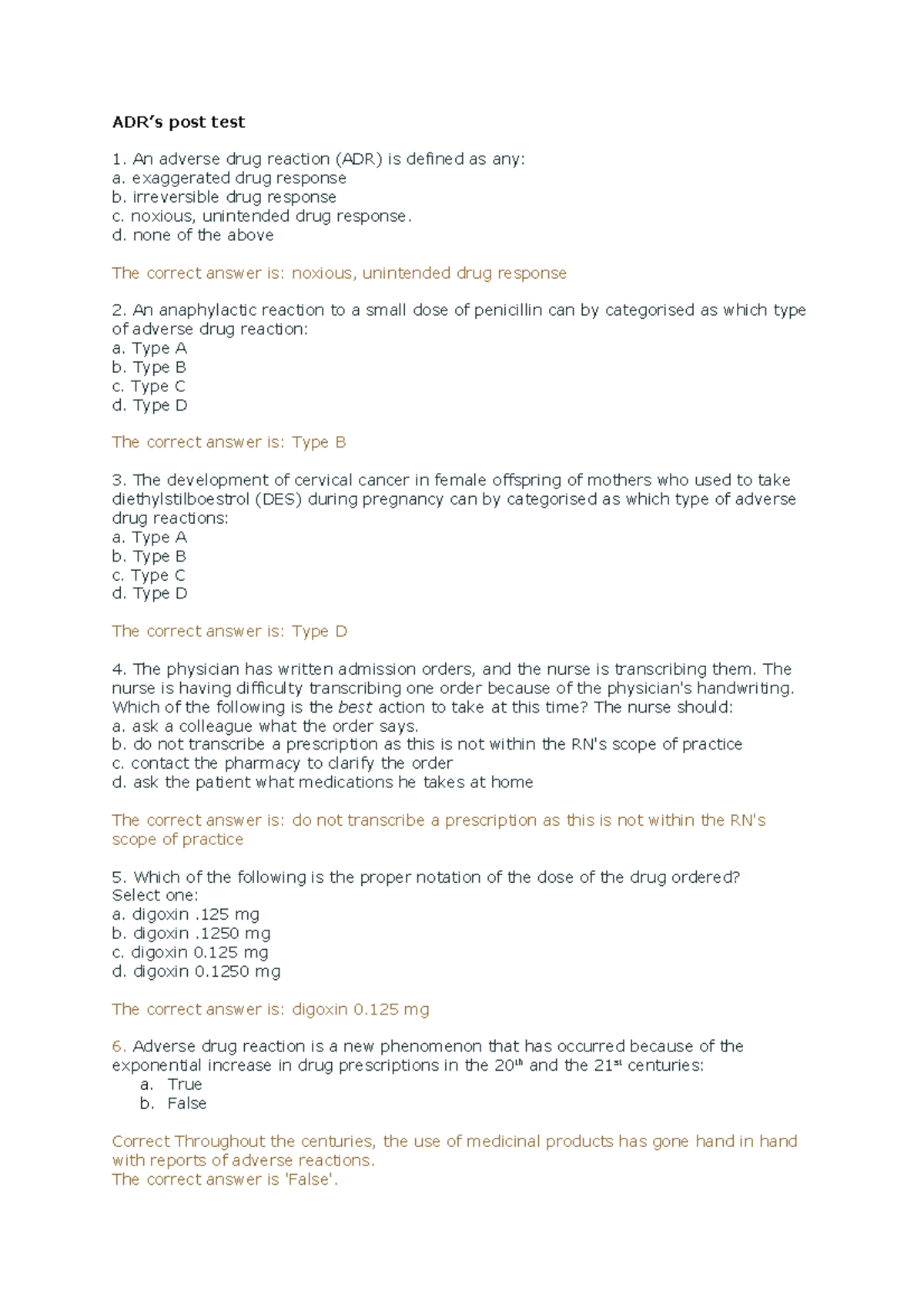 ADR Post-Test Review for Pharmacology Course (PHAR 101) - Studocu