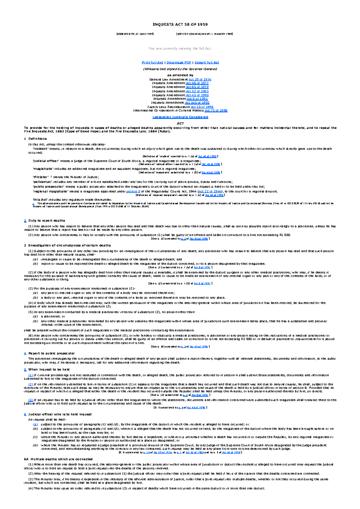 Inquests Act 58 of 1959: Comprehensive Overview and Amendments - Studocu