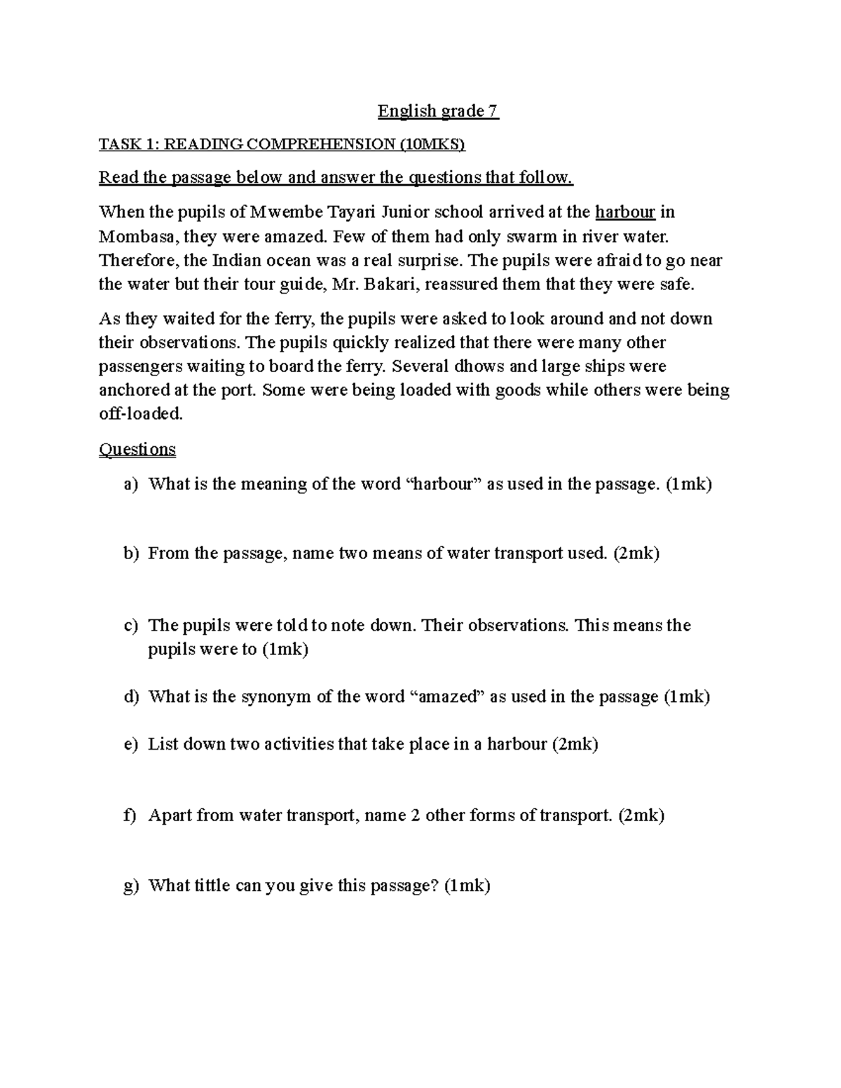 English Grade 7 - Reading Comprehension & Grammar Exam - Studocu