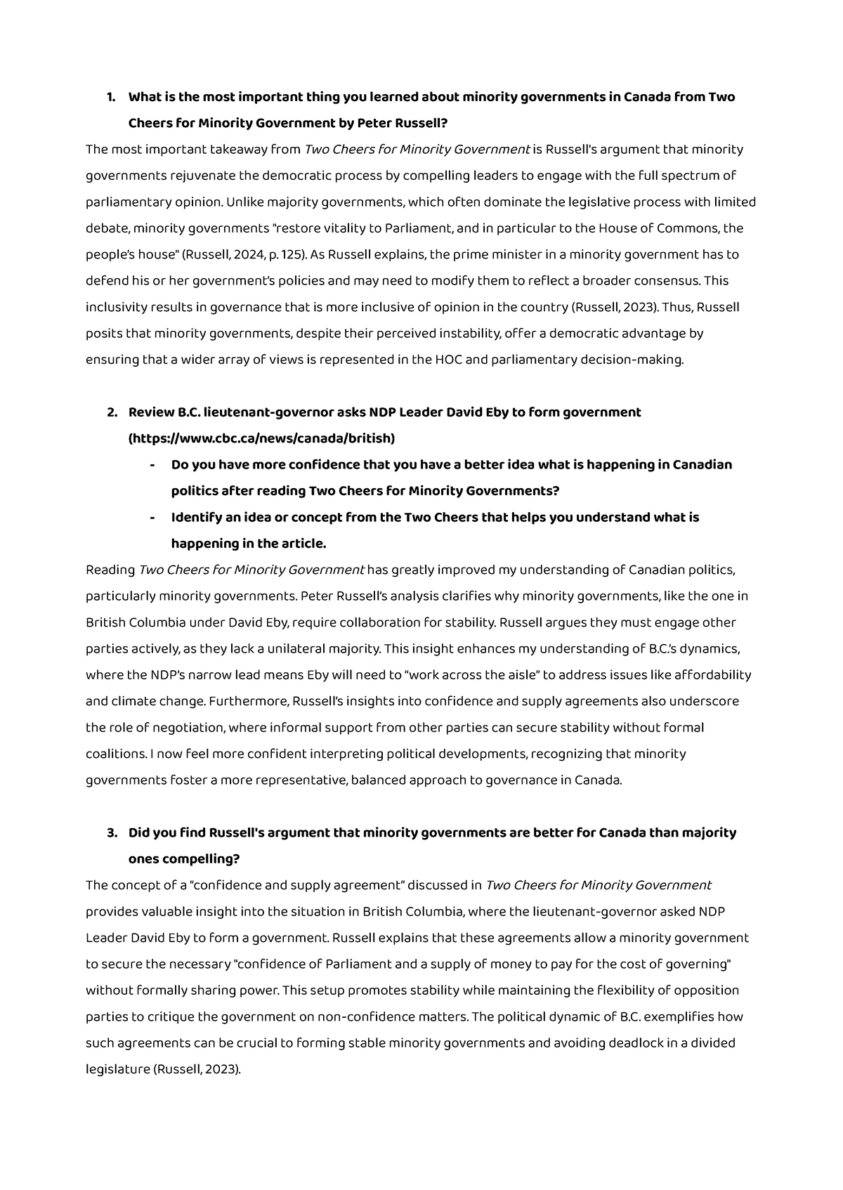 POLS 2300 Reflection on Minority Governments in Canadian Politics - Studocu