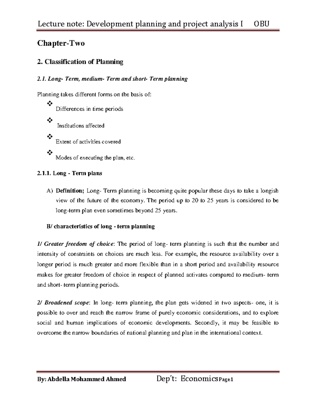 Lecture Notes: Development Planning & Project Analysis I OBU - Studocu