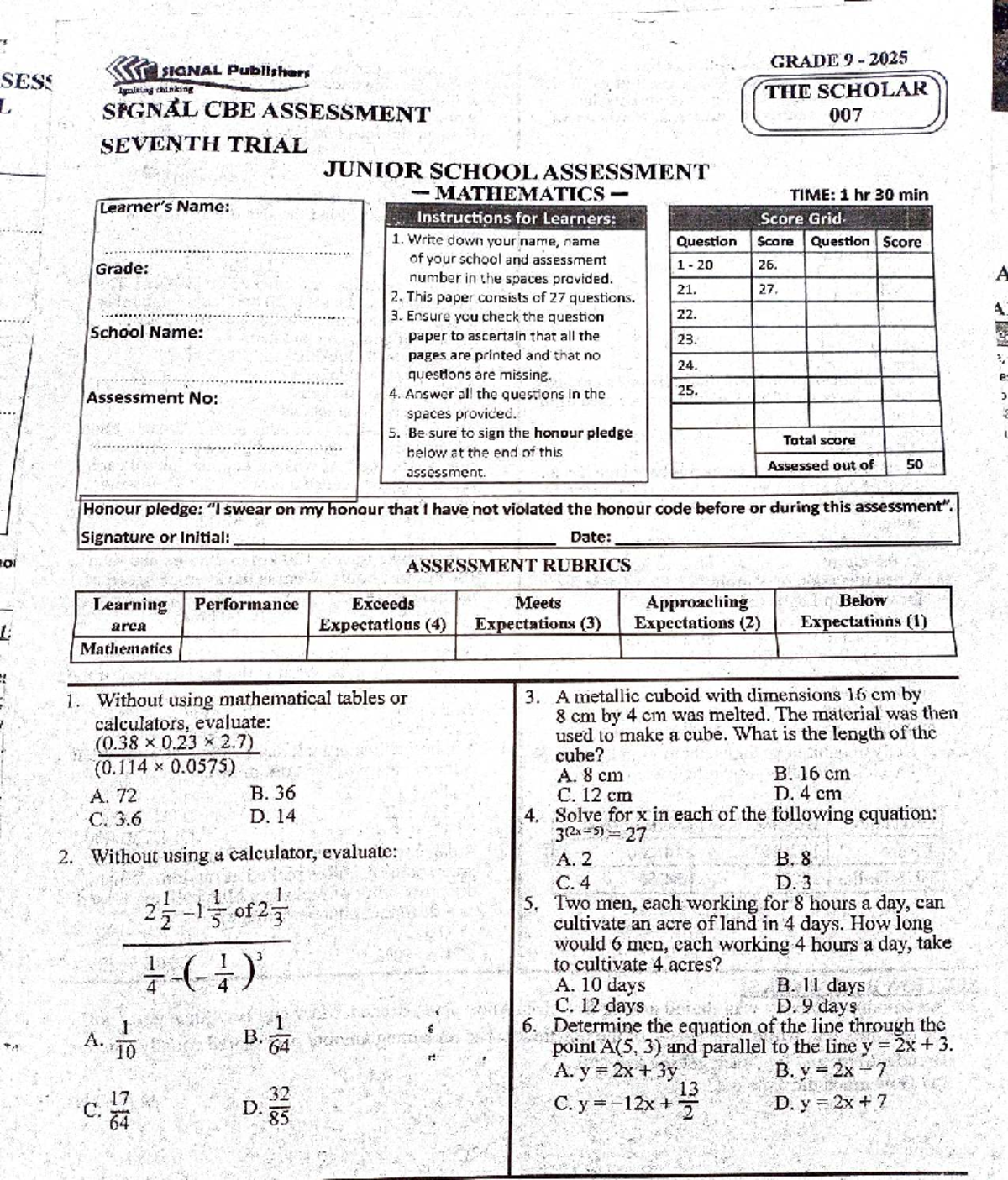 GRADE 9 ASSESSMENT: Mathematics Trial Exam 2025 - Studocu