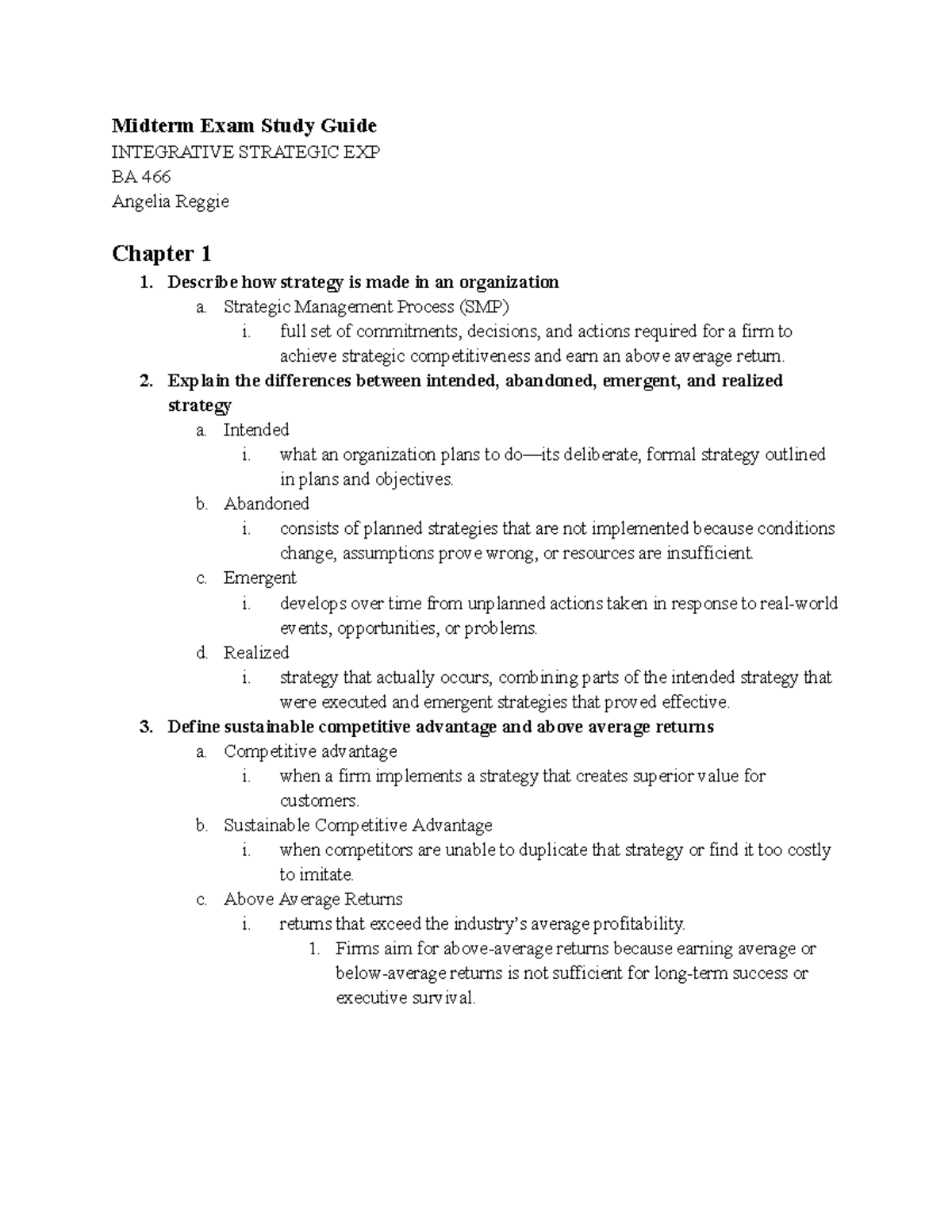 Midterm Exam Study Guide for BA 466: Integrative Strategic Management ...