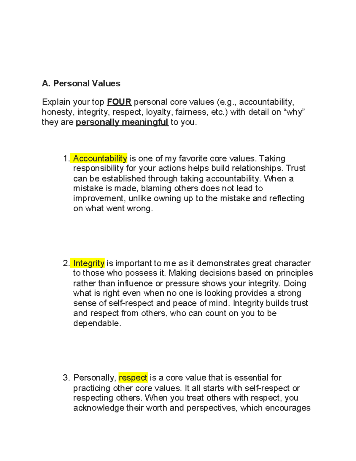 Task 2 - task 2 - A. Personal Values Explain your top FOUR personal ...