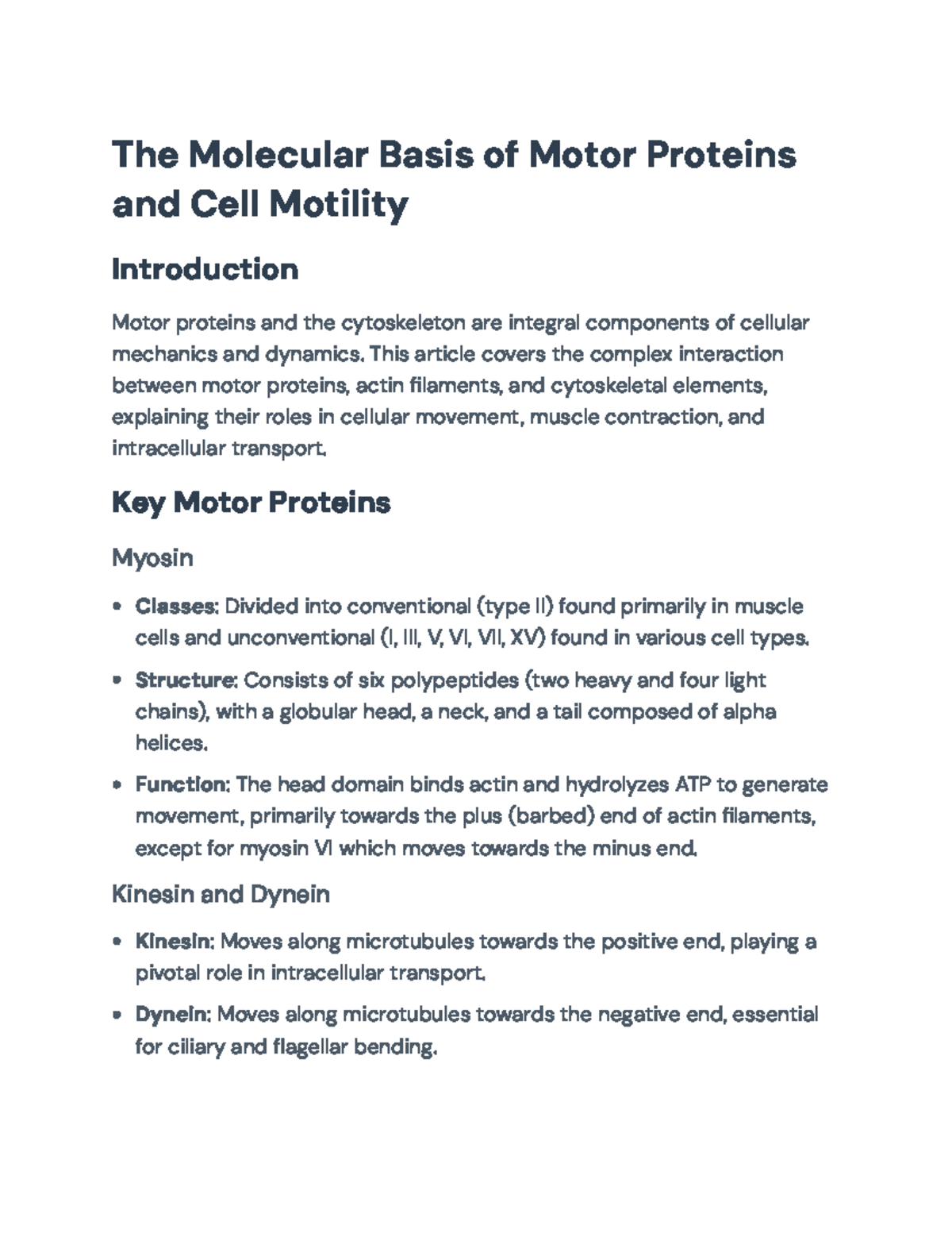 The Molecular Basis of Motor Proteins & Cell Motility - BIOL 101 Notes ...