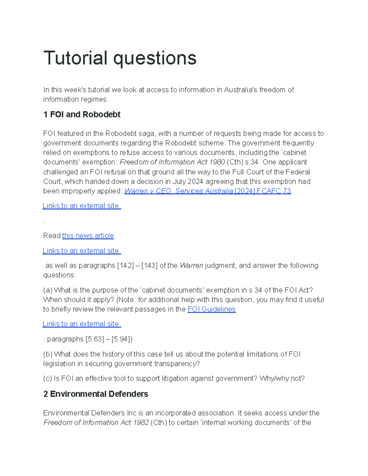 Administrative Law - Tutorial 3: FOI Regimes & Case Studies - Studocu