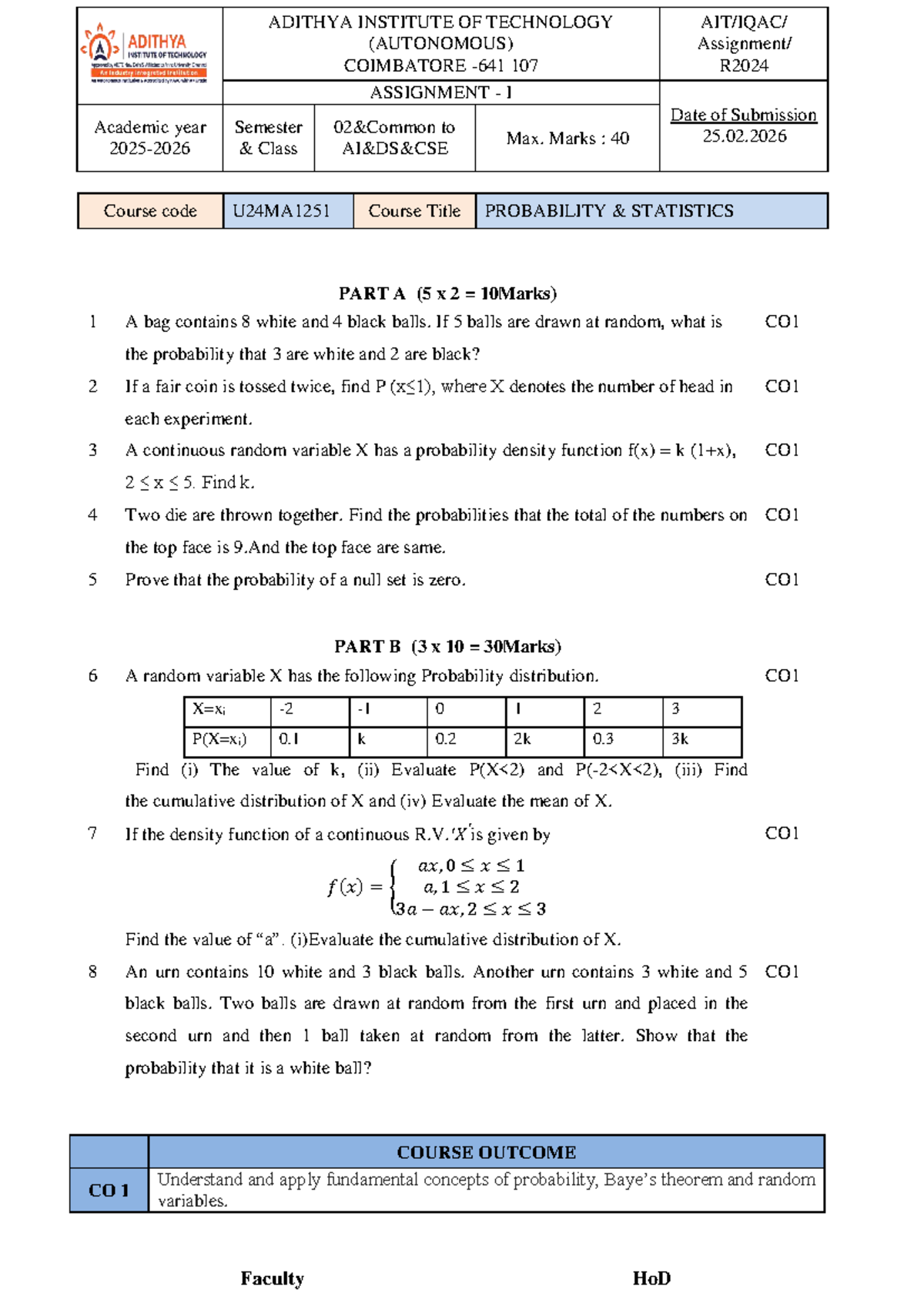 U24MA1251 Probability Statistics Assignment I - Max Marks: 40 - Studocu