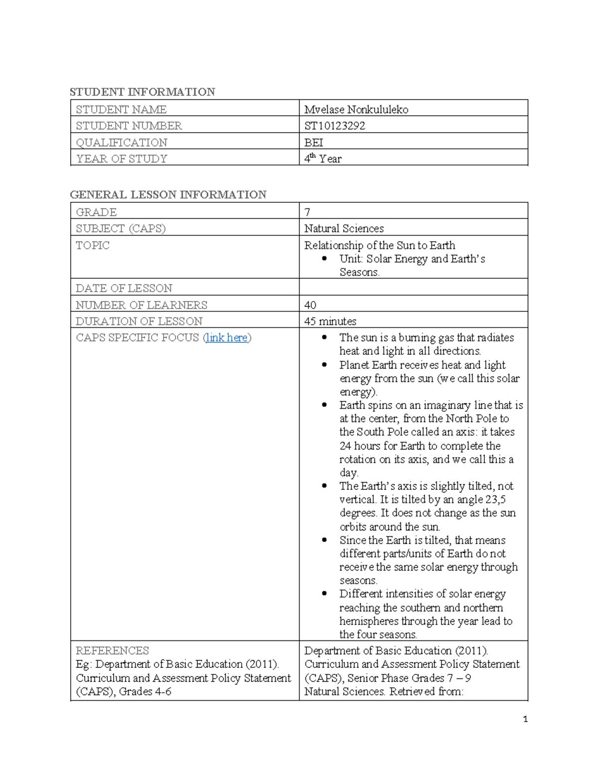 Natural Science Grd 7 - Lesson Plan on Solar Energy & Earth's Seasons ...