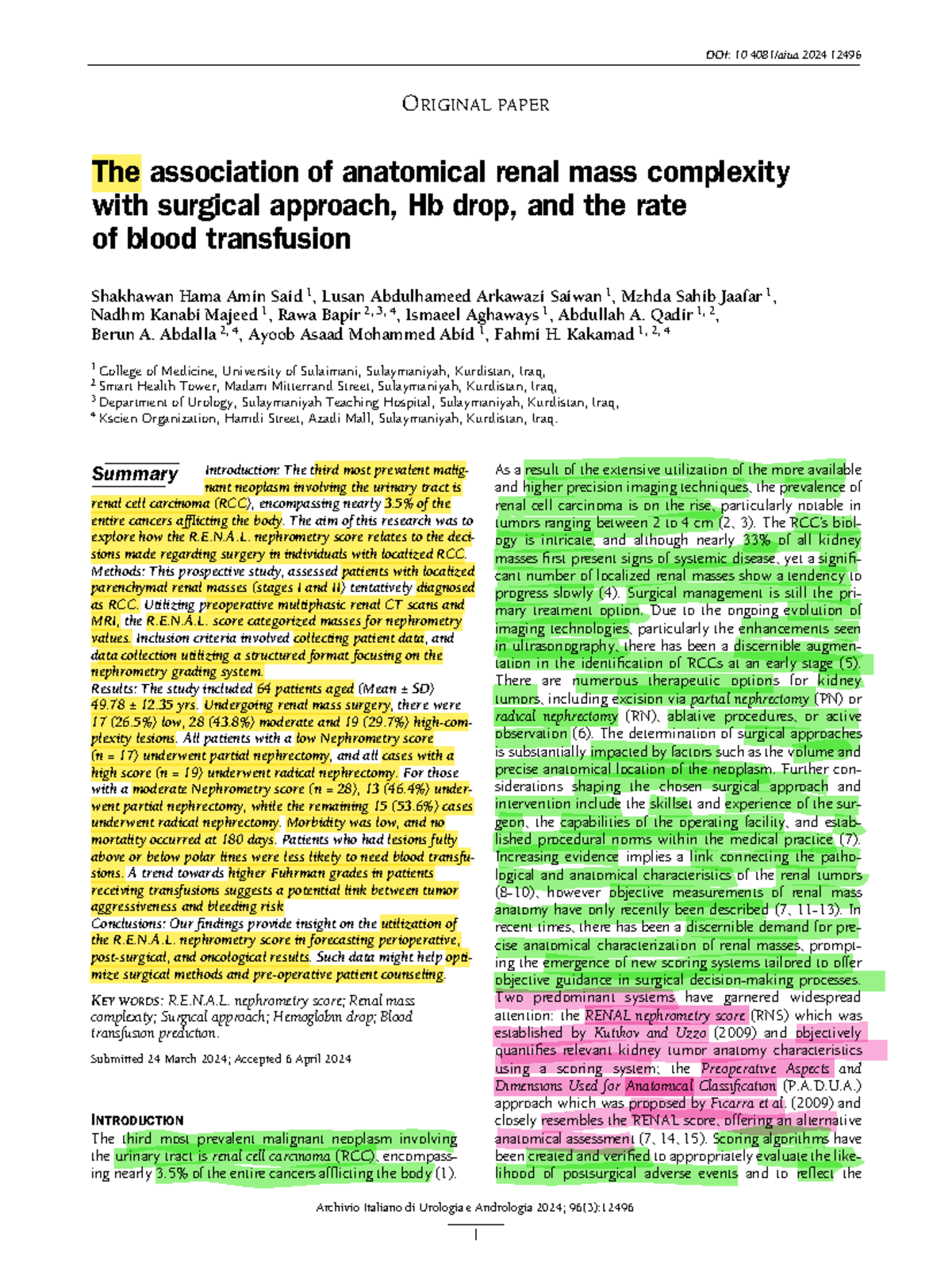 R.E.N.A.L. Nephrometry Score: Surgical Approach & Blood Transfusion in ...