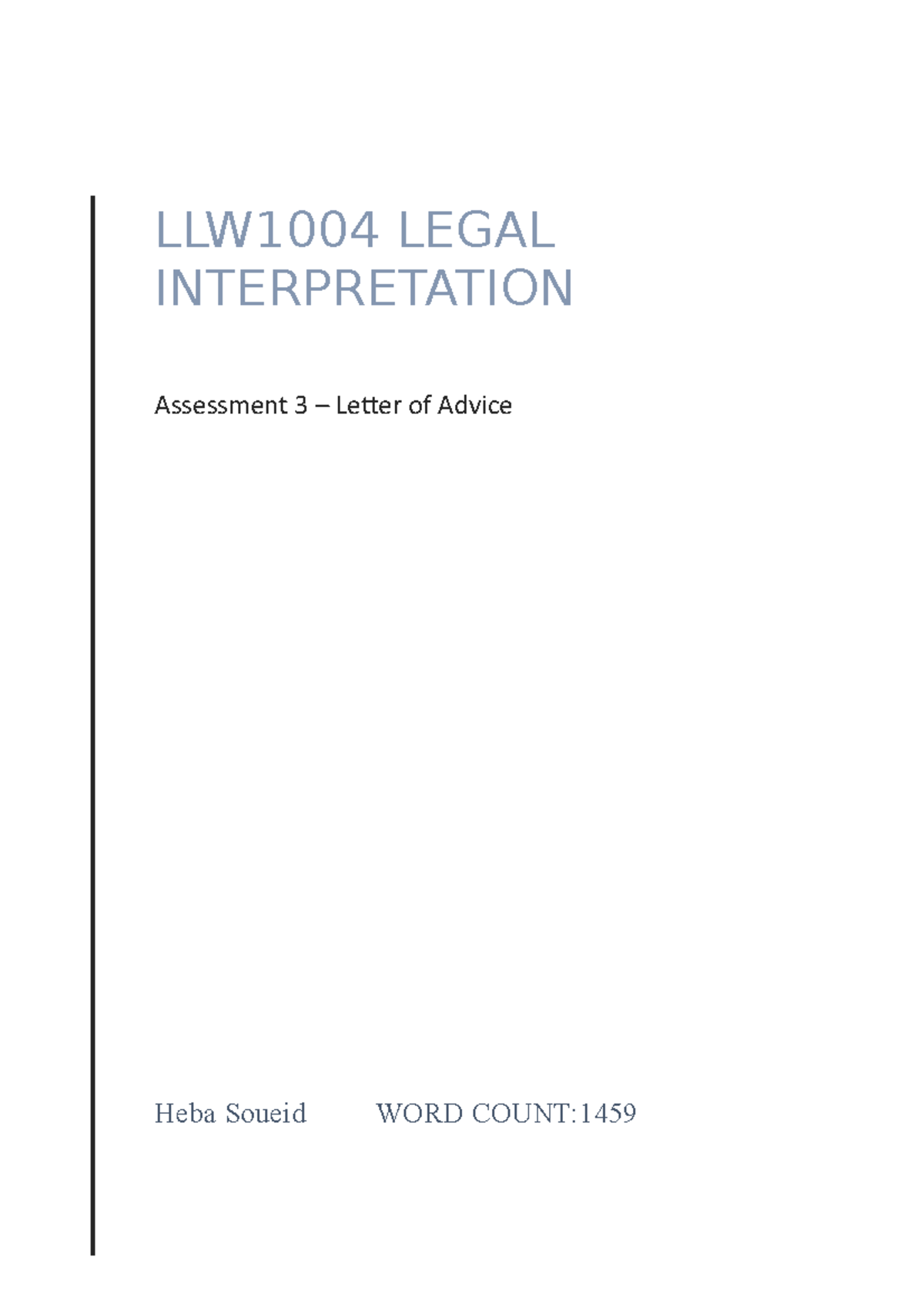 LLW1004 Assessment 3: Letter of Advice on Deregistration Under FITS ...