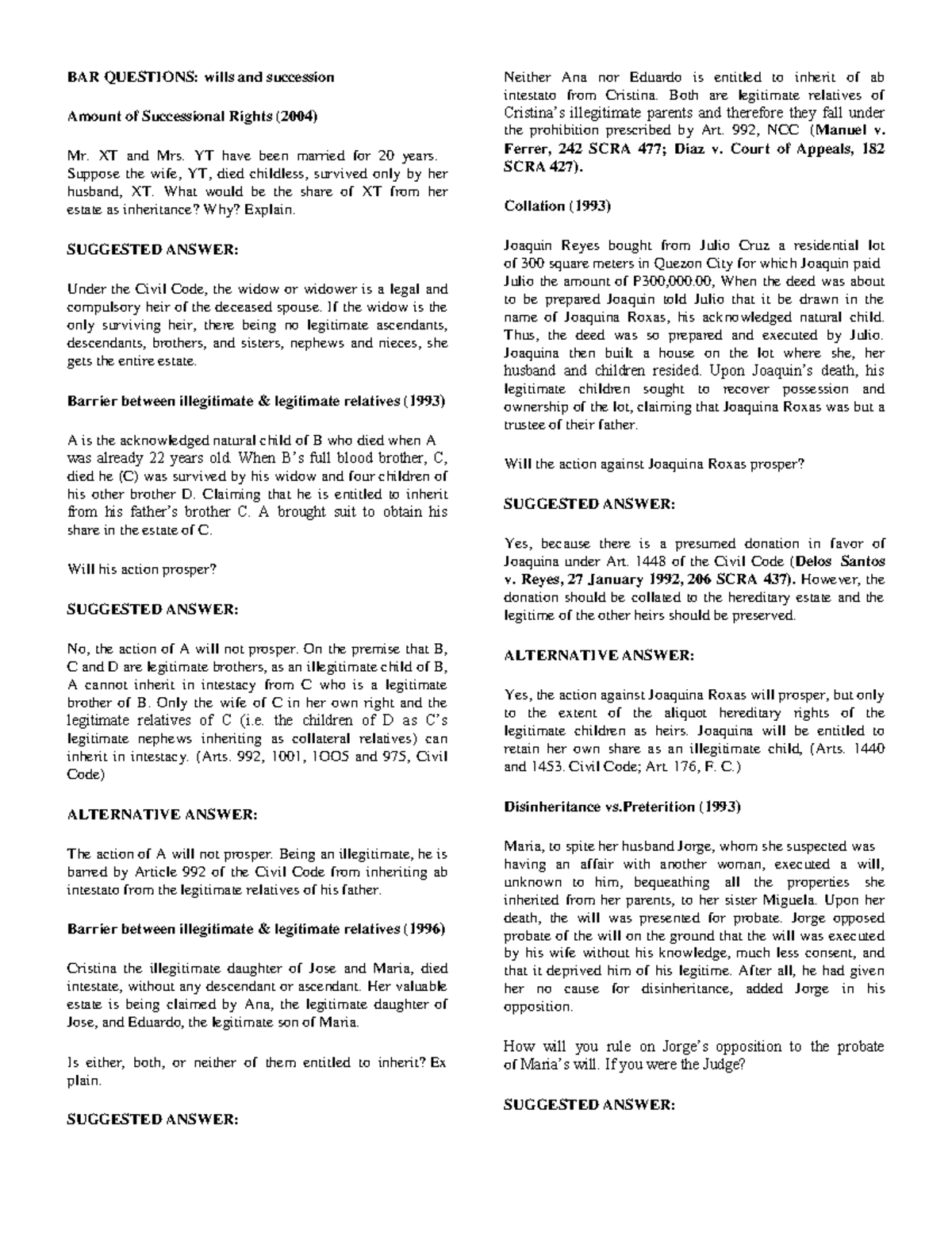 BAR QUESTIONS: Wills and Succession - Inheritance Rights and Legal ...