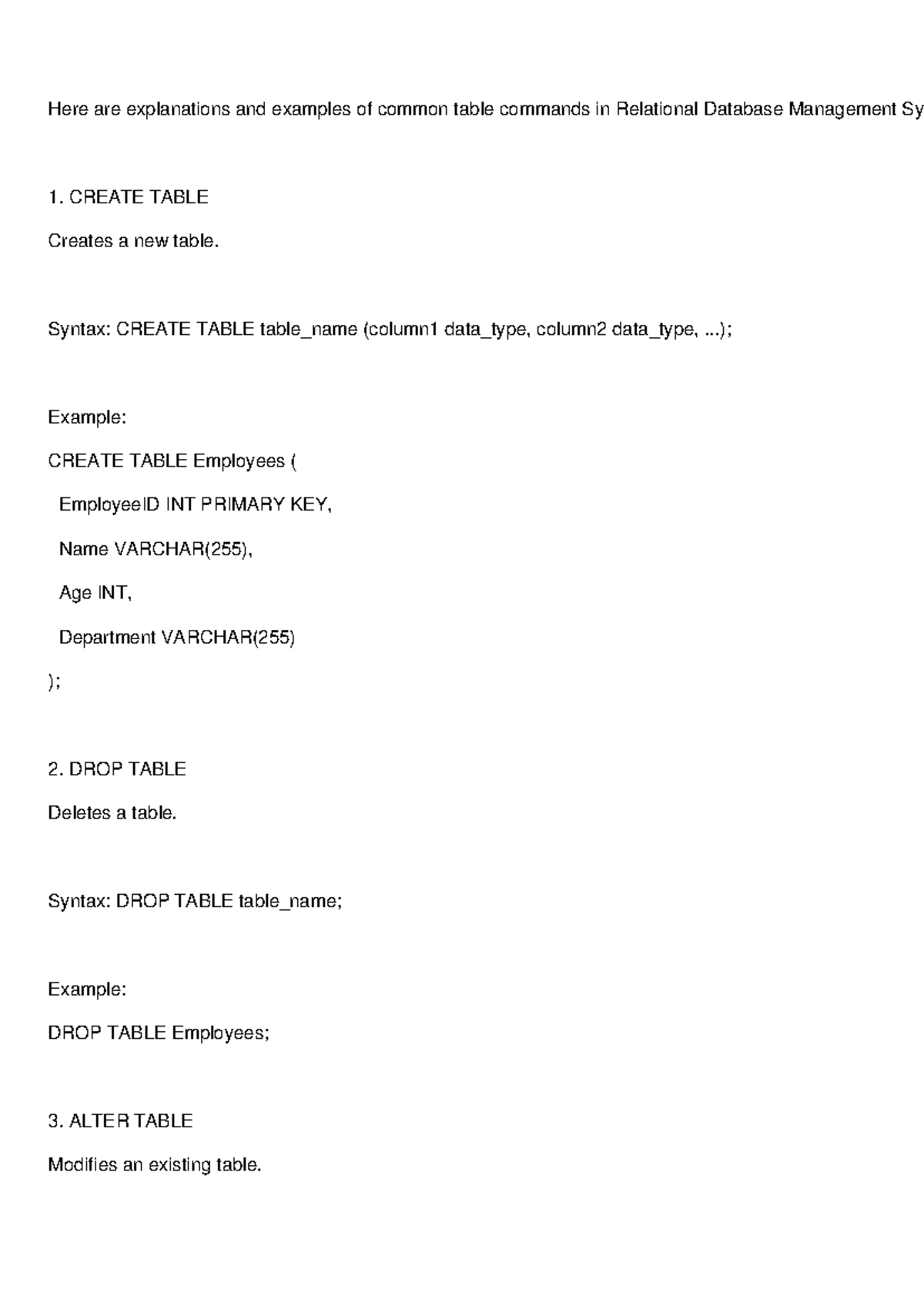 RDBMS Table Commands: CREATE, DROP, ALTER, INSERT, UPDATE - Studocu