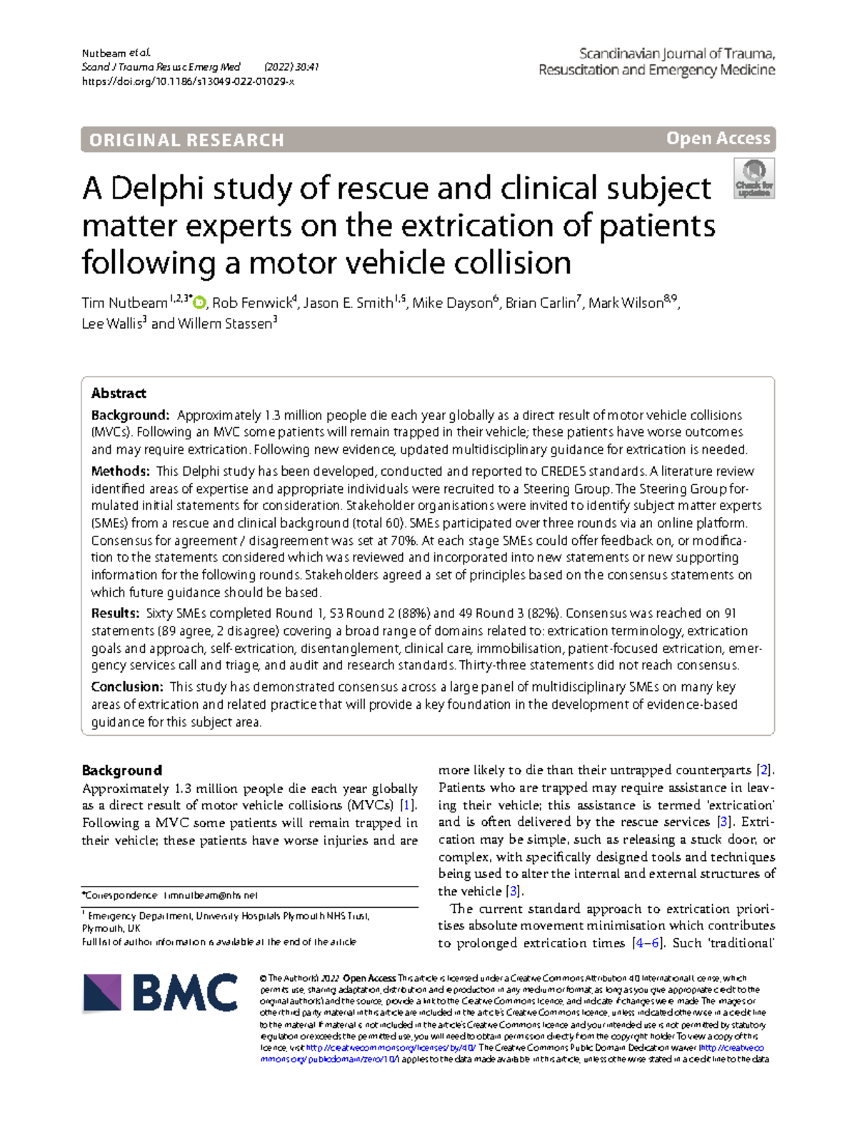 Delphi Study on Patient Extrication Post-Motor Vehicle Collision (EMT ...