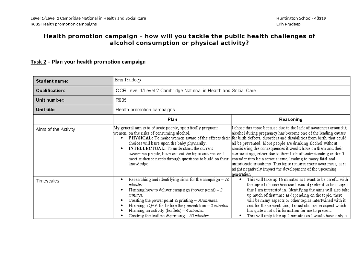 Level 2 Cambridge National in Health and Social Care R035 Health ...