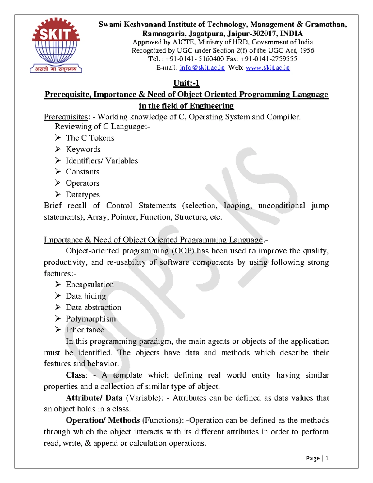 KS OOPs C++ Course file Unit No3 - Ramnagaria, Jagatpura, Jaipur ...