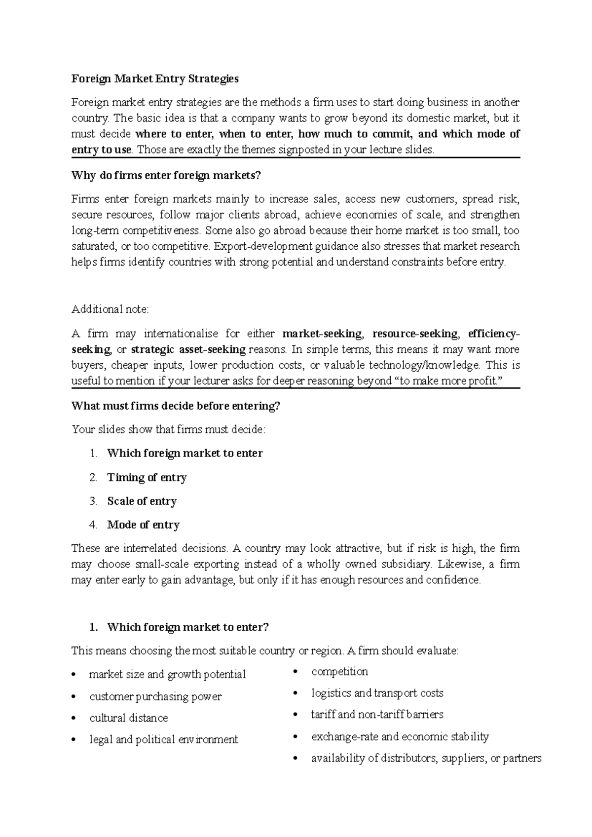 Foreign Market Entry Strategies: Key Considerations and Modes - Studocu