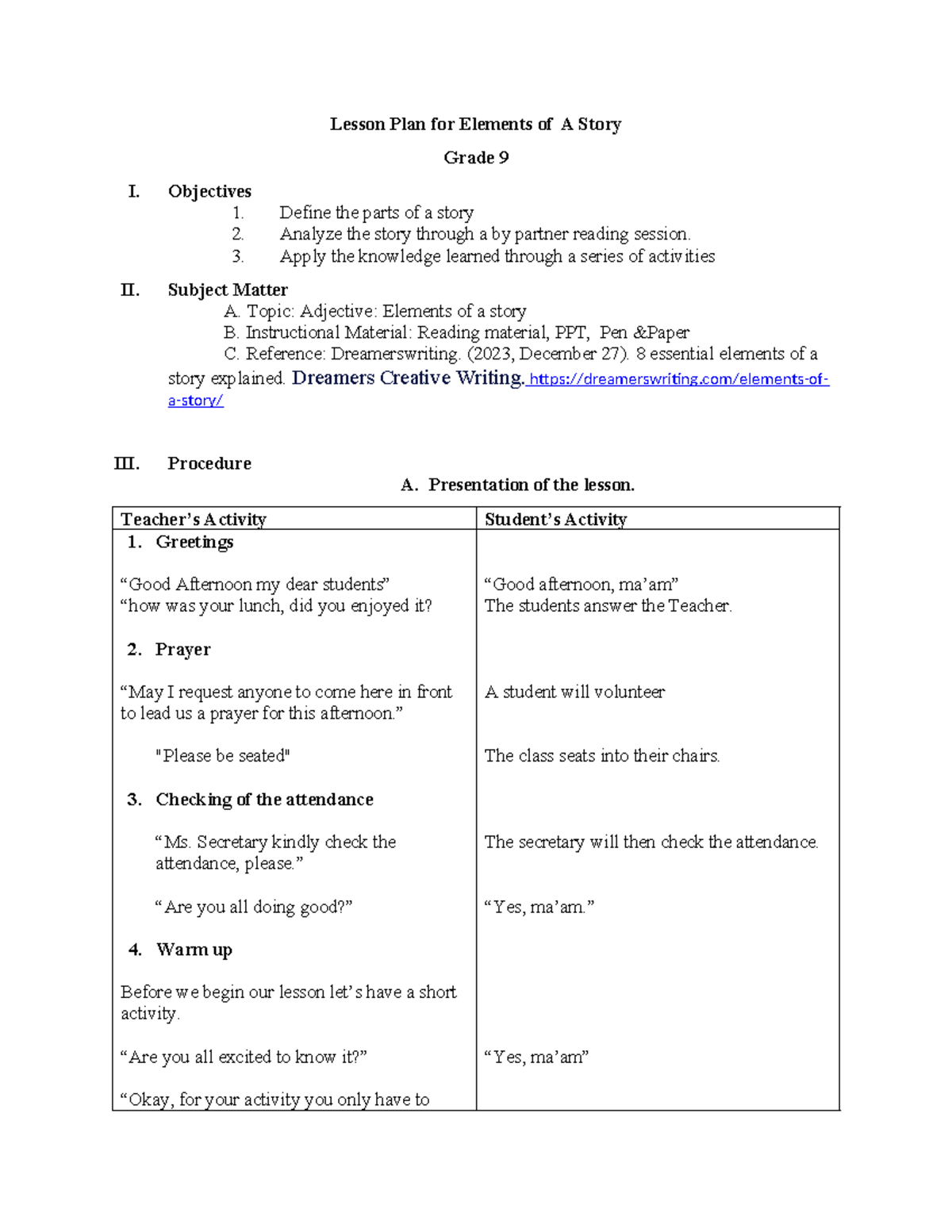 DLP FS 2 - Grade 9 Lesson Plan: Elements of a Story - Studocu