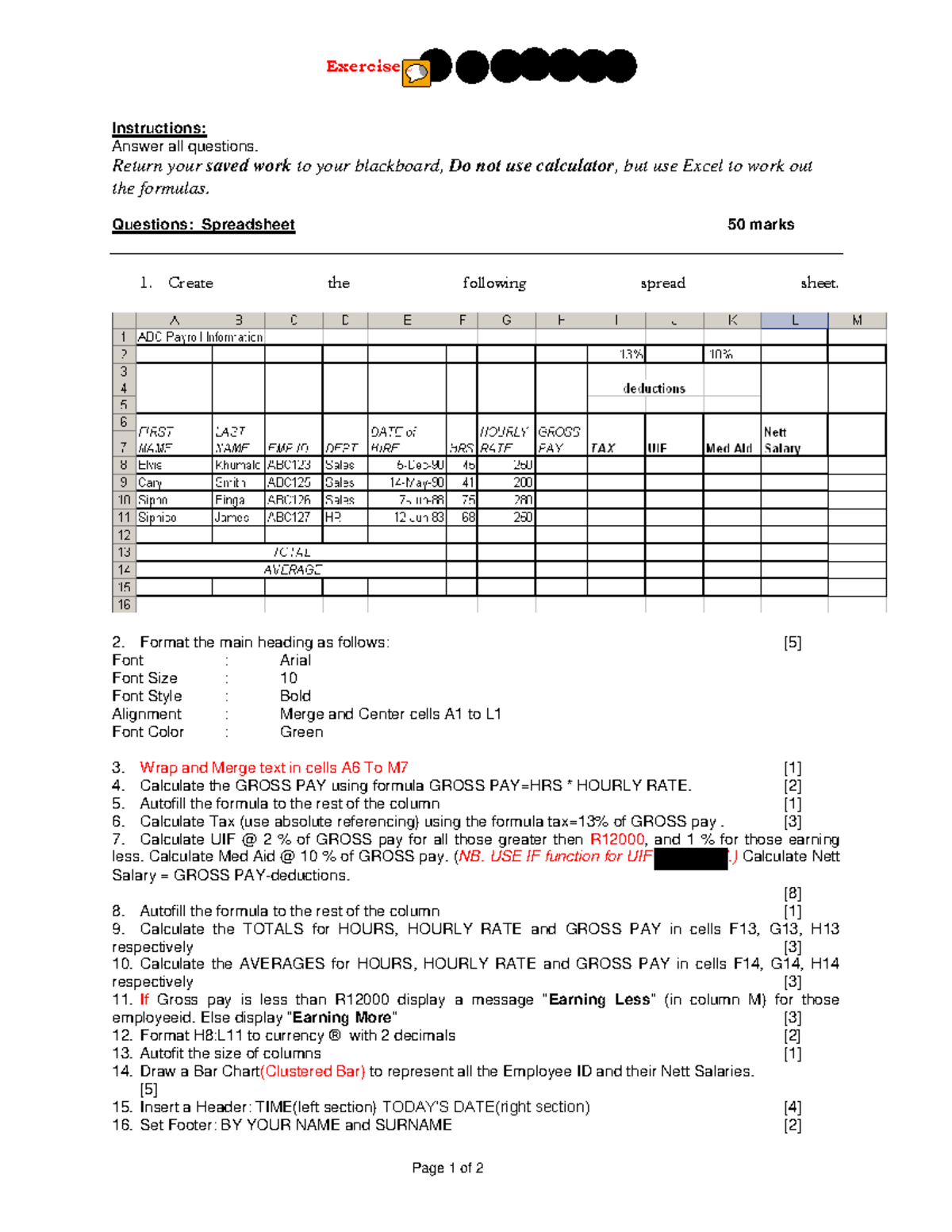 Excel Exercise 4 Sem 1 2025 - Page 1 of 2 Exercise2 due on: 22 March ...