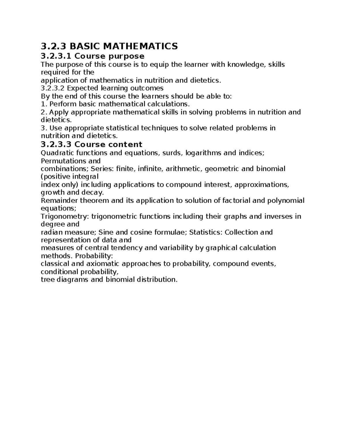 Basic Mathematics Course Outline (3.2.3) for Nutrition & Dietetics ...