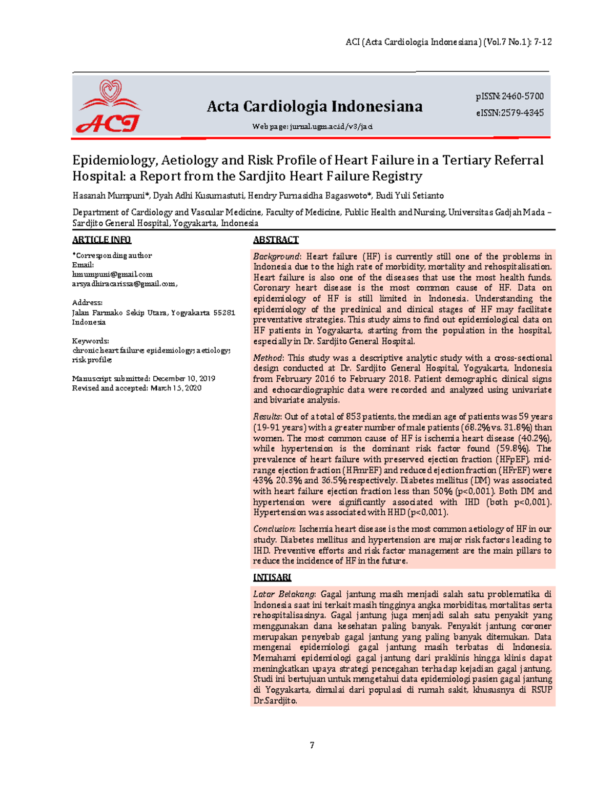 Epidemiology and Risk Factors of Heart Failure: A Study from Sardjito ...
