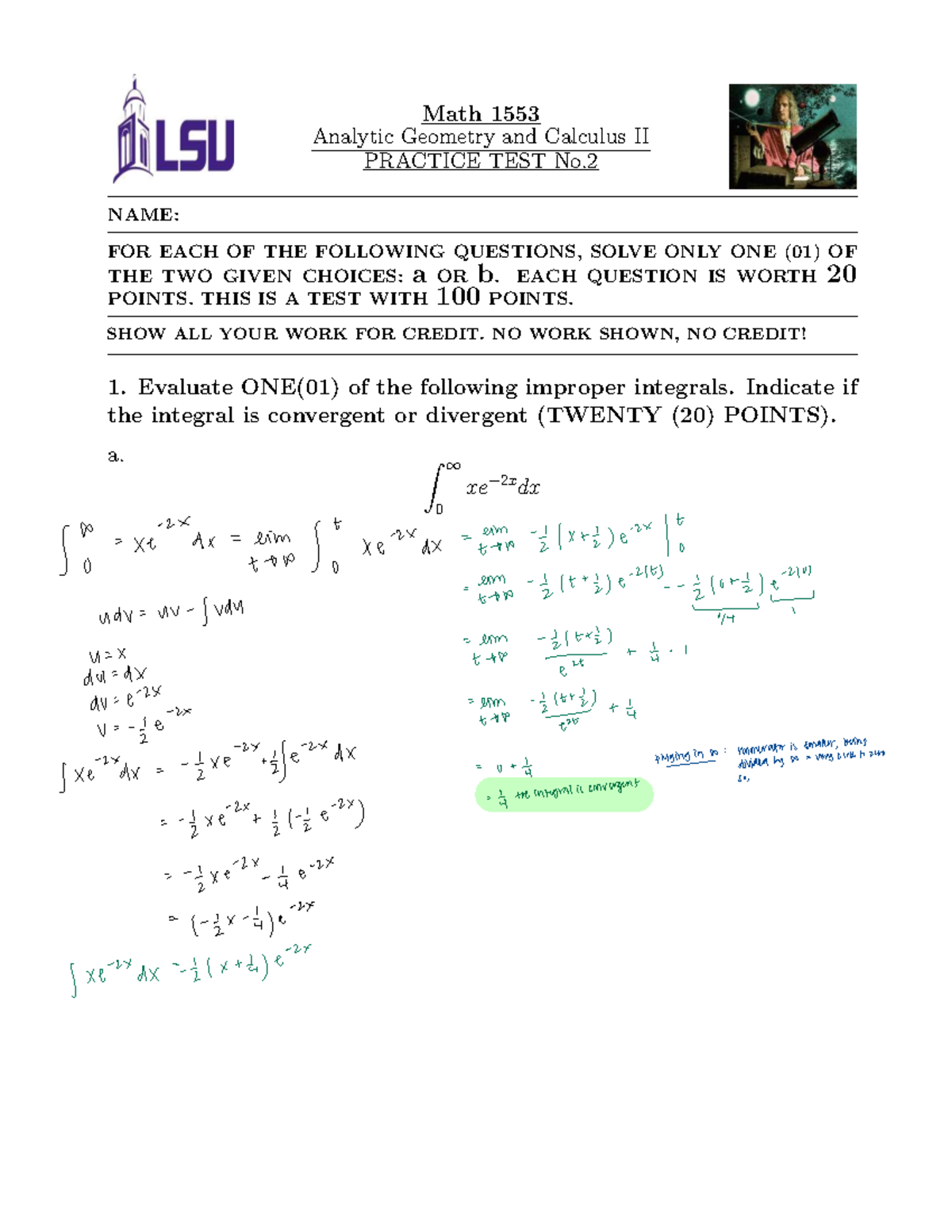Math 1553 Calc II Practice Test No. 2: Improper Integrals & Curves ...