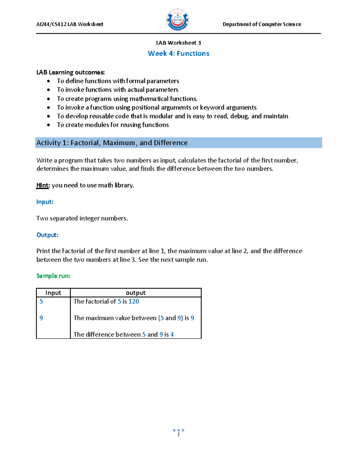 LAB Worksheet 3 - Functions and Activities for Week 4 - Studocu