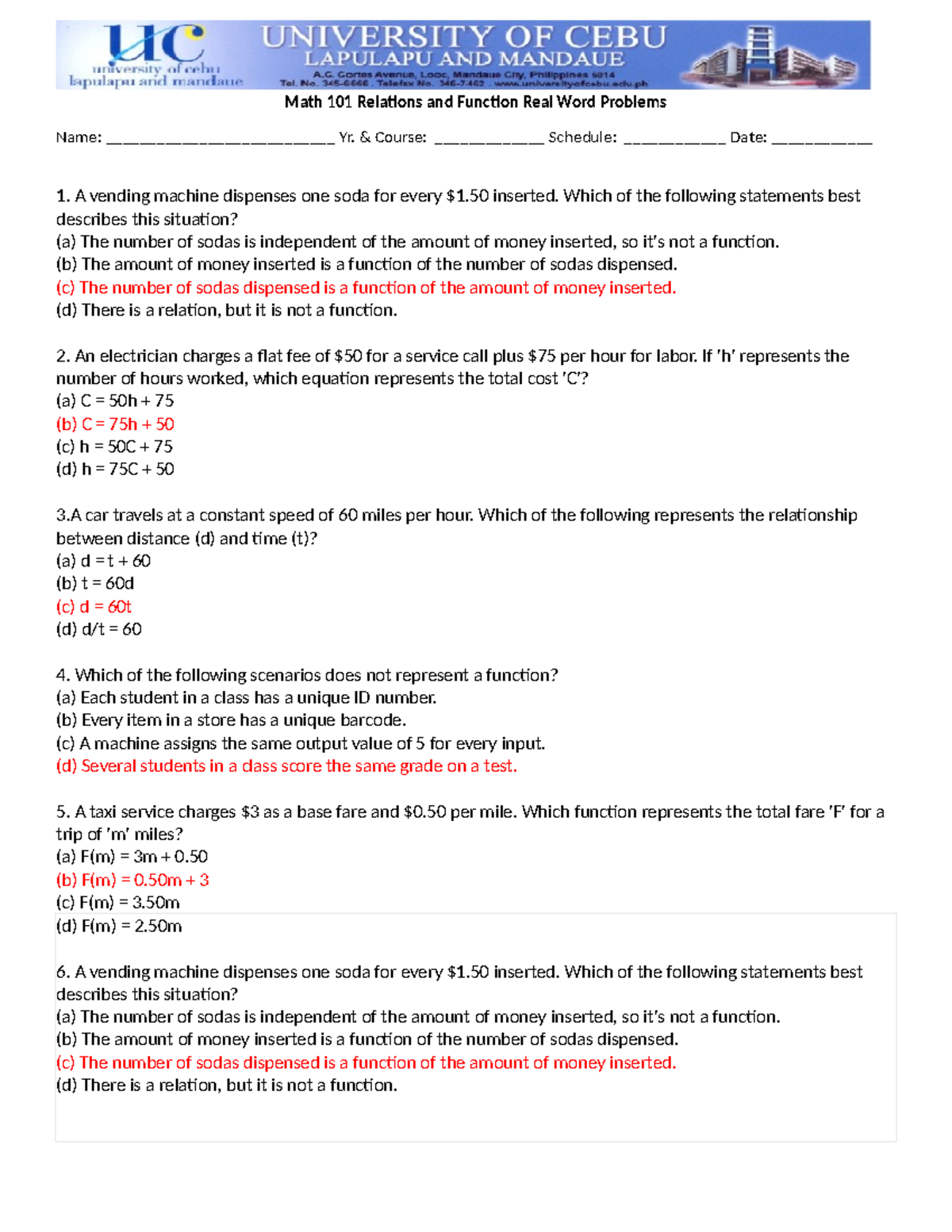Math 101 Final Exam Review: Relations & Functions Problems - Studocu