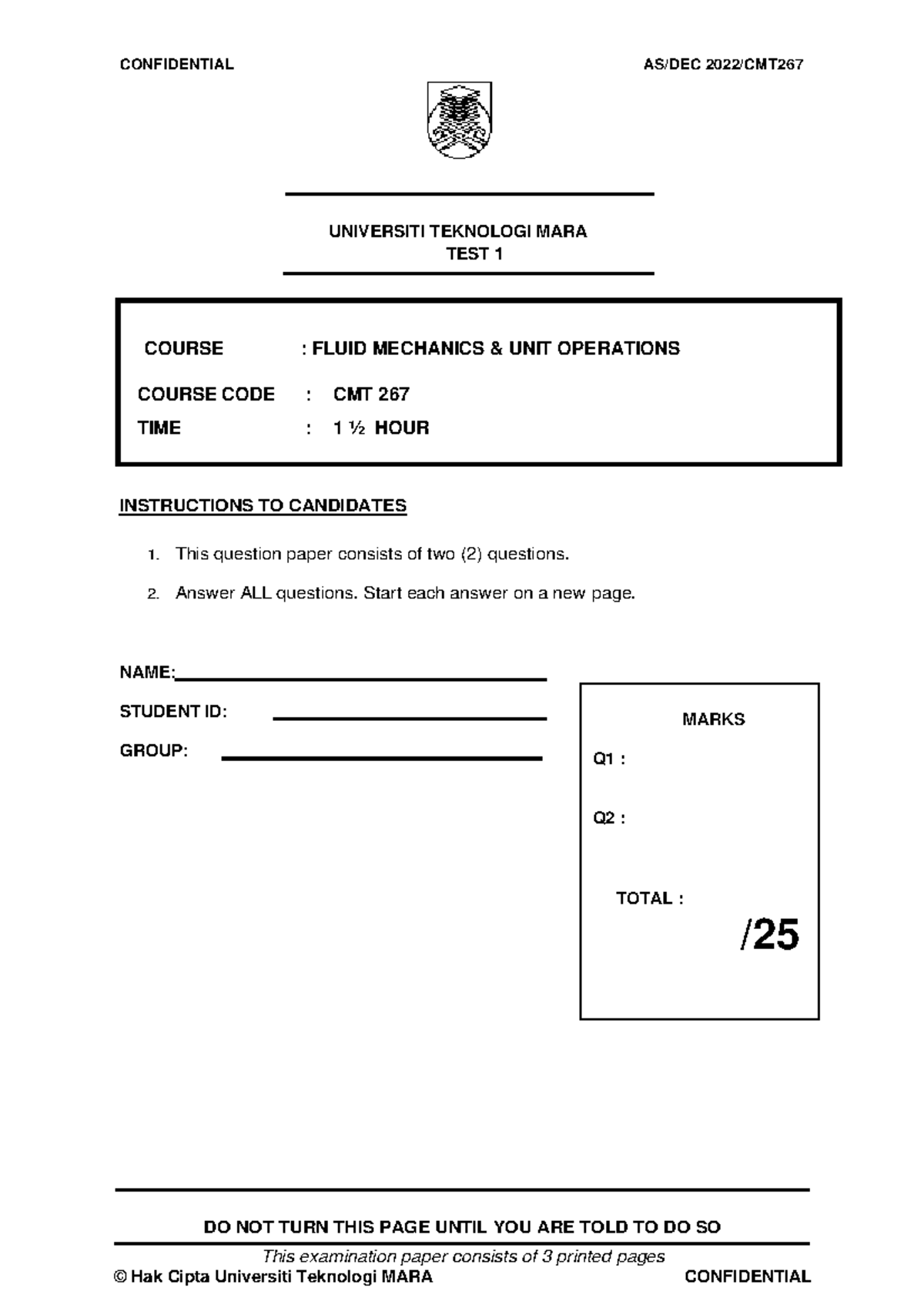 Test 1-Question - UNIVERSITI TEKNOLOGI MARA TEST 1 INSTRUCTIONS TO ...