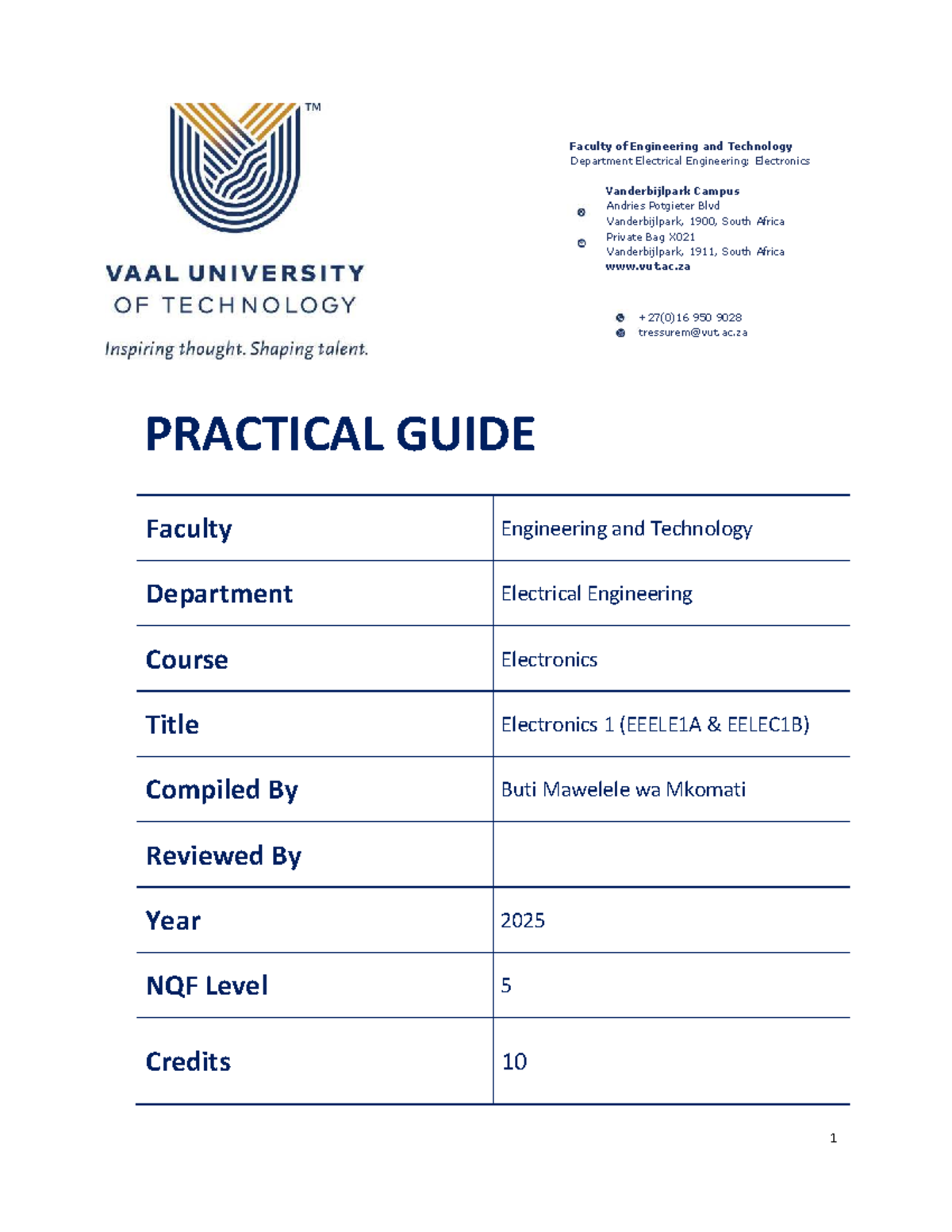 Electronics 1 (EELEC1B) Practical Guide - Semester 1 & 2, 2025 - Studocu