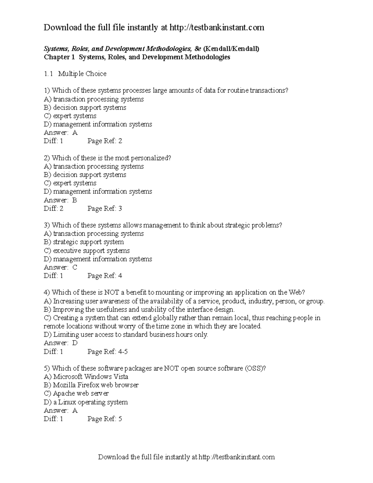 Systems Analysis & Design Test Bank (Chapter 1) - 8e (Kendall/Kendall ...