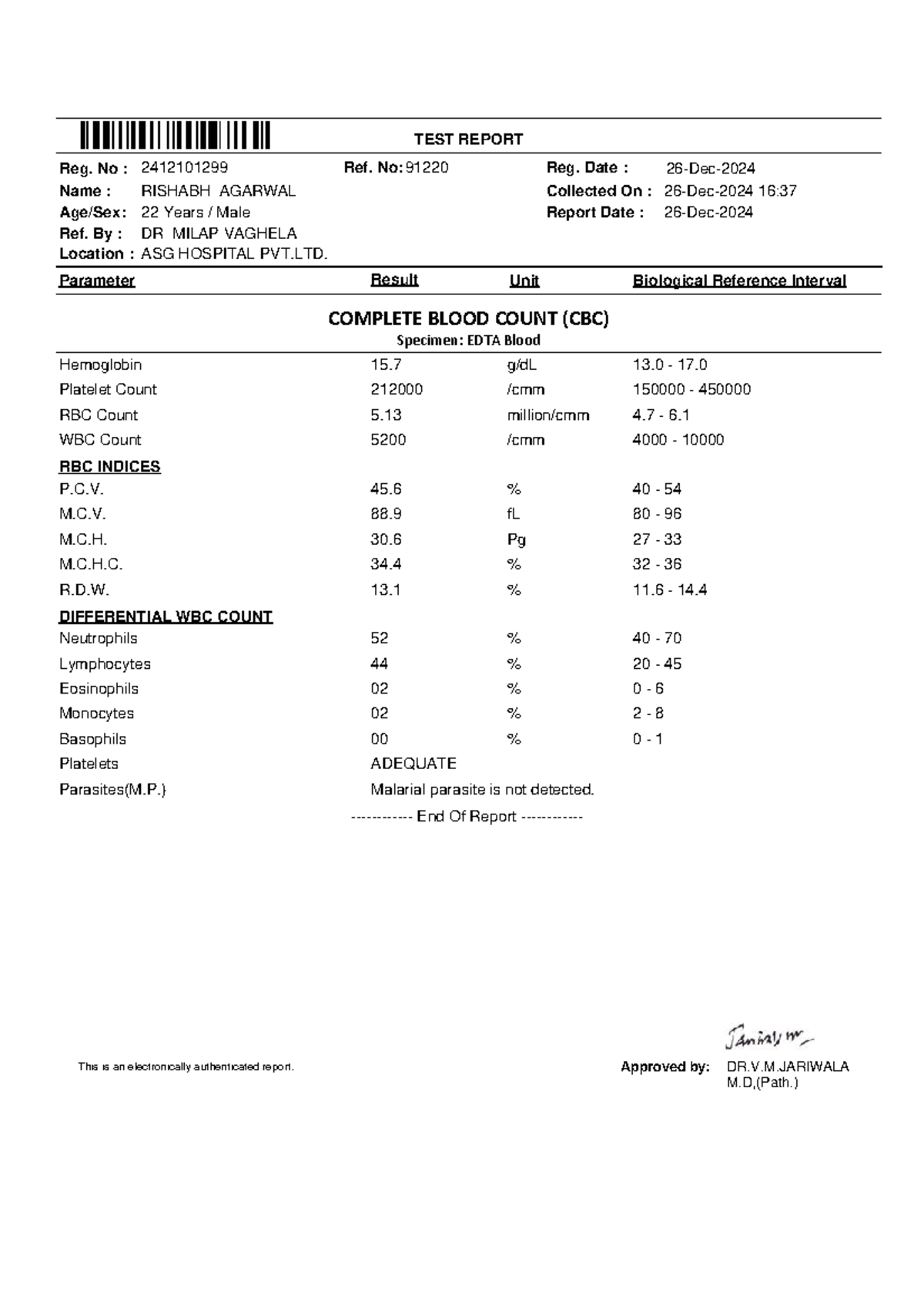Complete blood count and biochemistry analysis report 91220 - Studocu