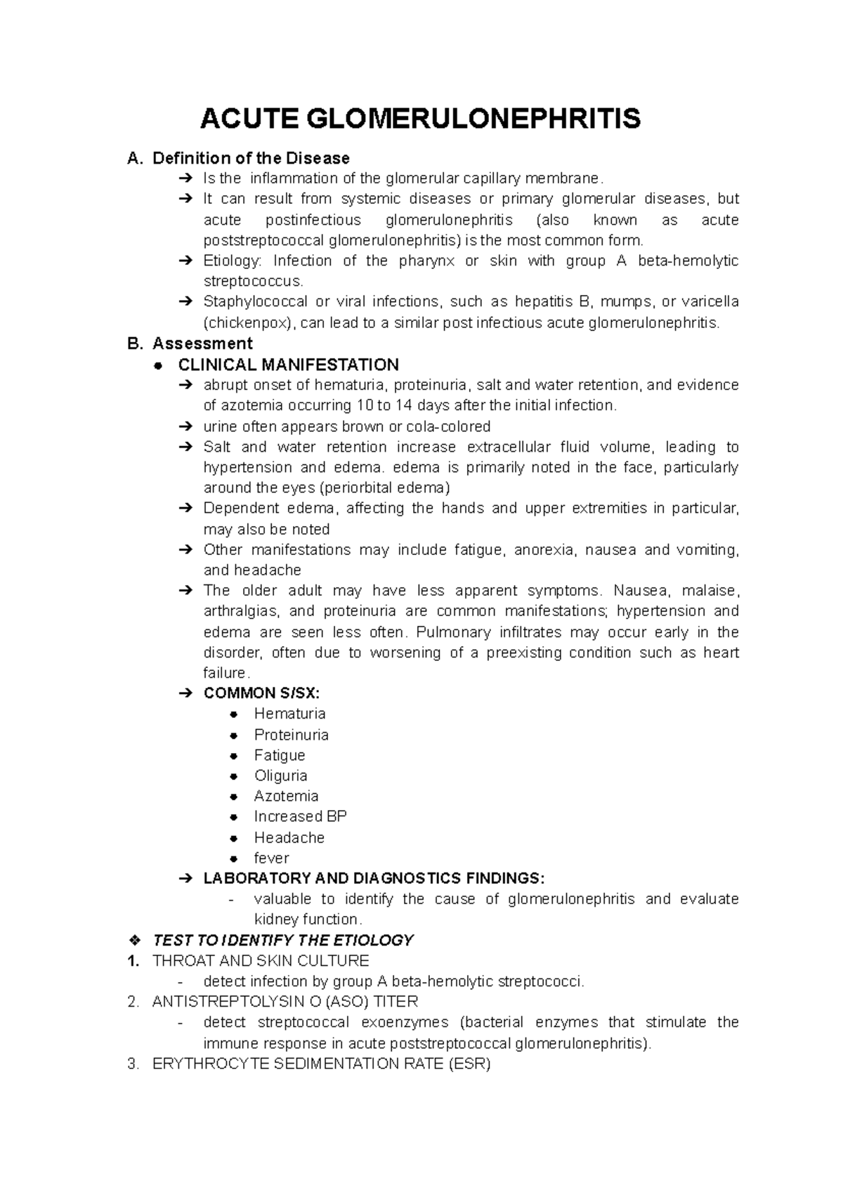 Acute Glomerulonephritis Overview and Nursing Management Notes - Studocu
