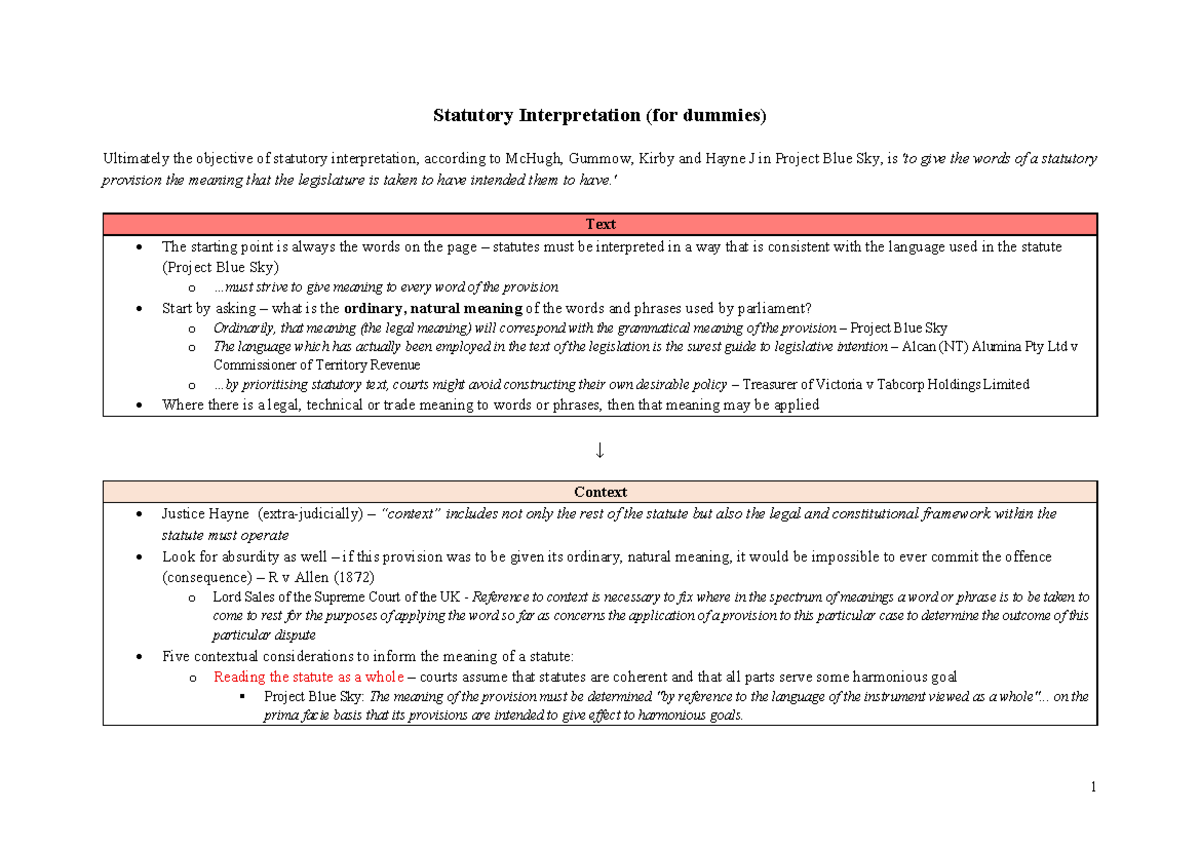 LAWS1141 Statutory Interpretation Summary Notes - Studocu