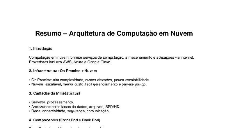 Resumo de Computação em Nuvem - Arquitetura e Serviços - Studocu