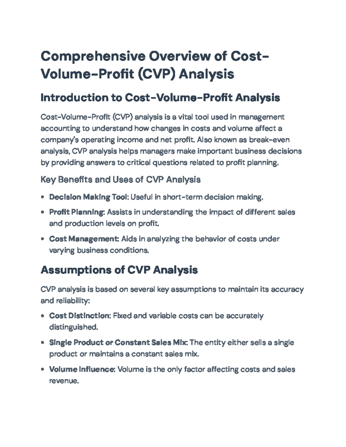 CVP Analysis (Final Exam): Key Concepts, Applications, and Assumptions ...