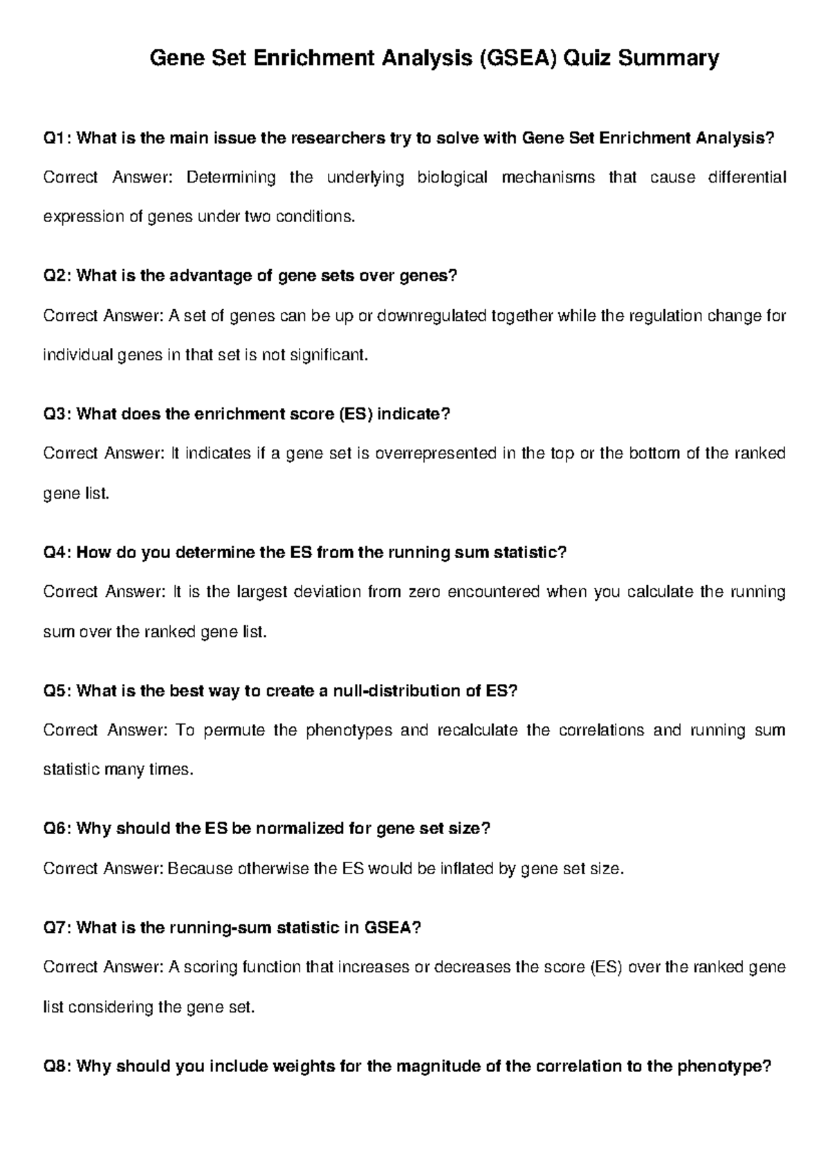 GSEA Quiz Summary: Key Concepts and Correct Answers Explained - Studeersnel