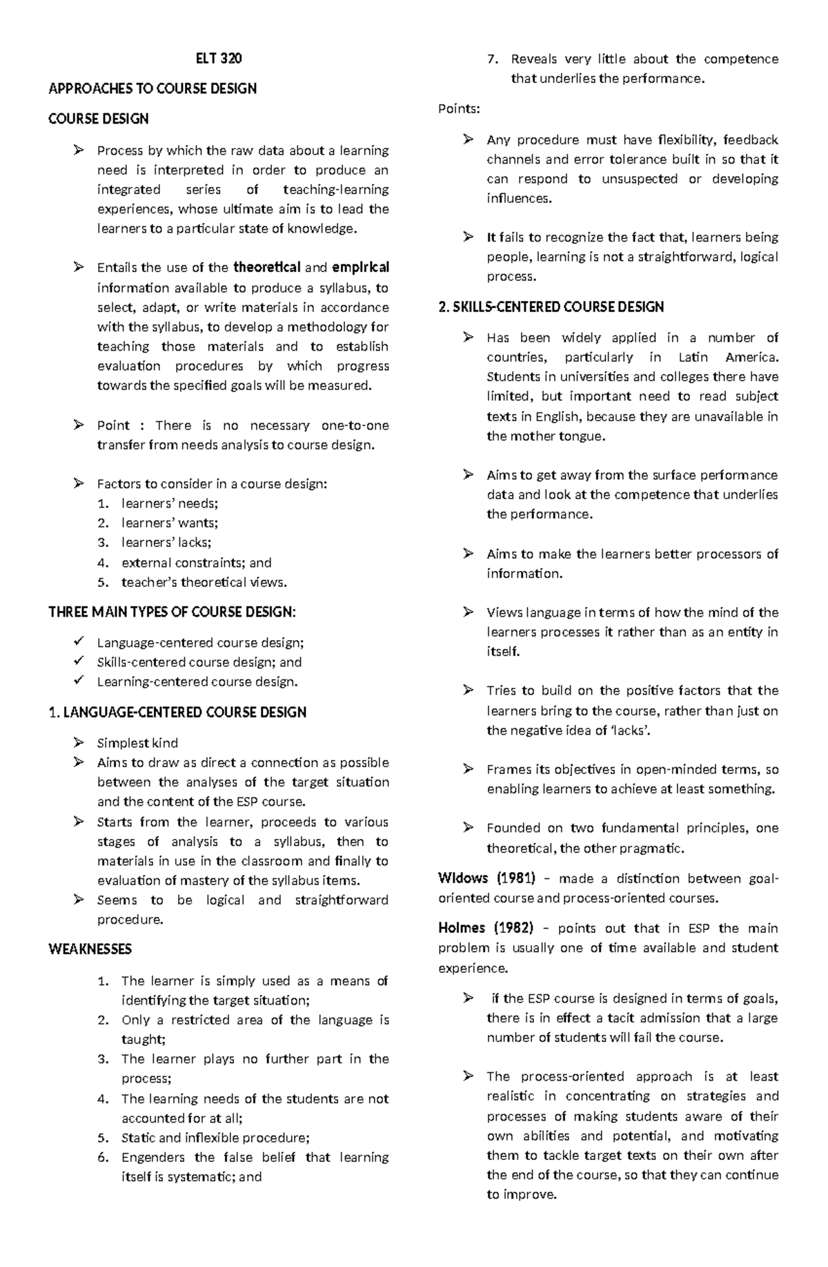 ELT 320 - NOTES - ELT 320 APPROACHES TO COURSE DESIGN COURSE DESIGN ...