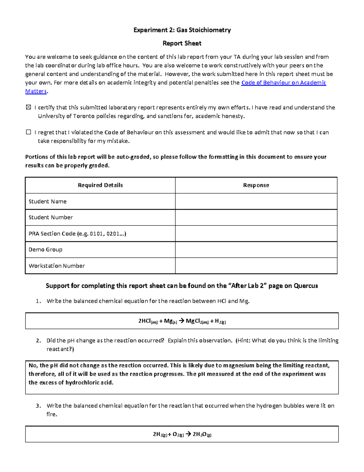 CHM135 Lab 2 Report Sheet - Experiment 2: Gas Stoichiometry Report ...