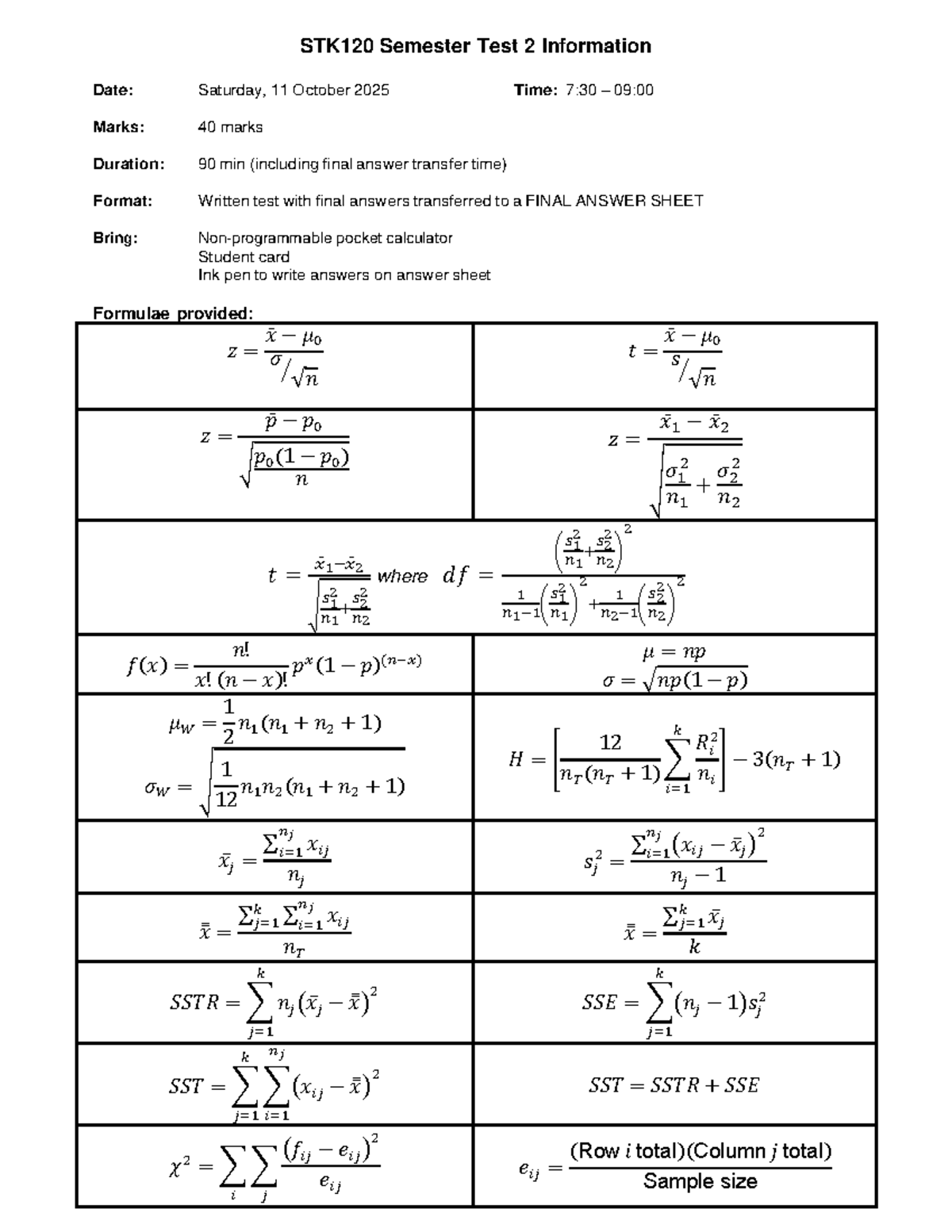 STK120 Semester Test 2 Details - 11 October 2025 - Studocu