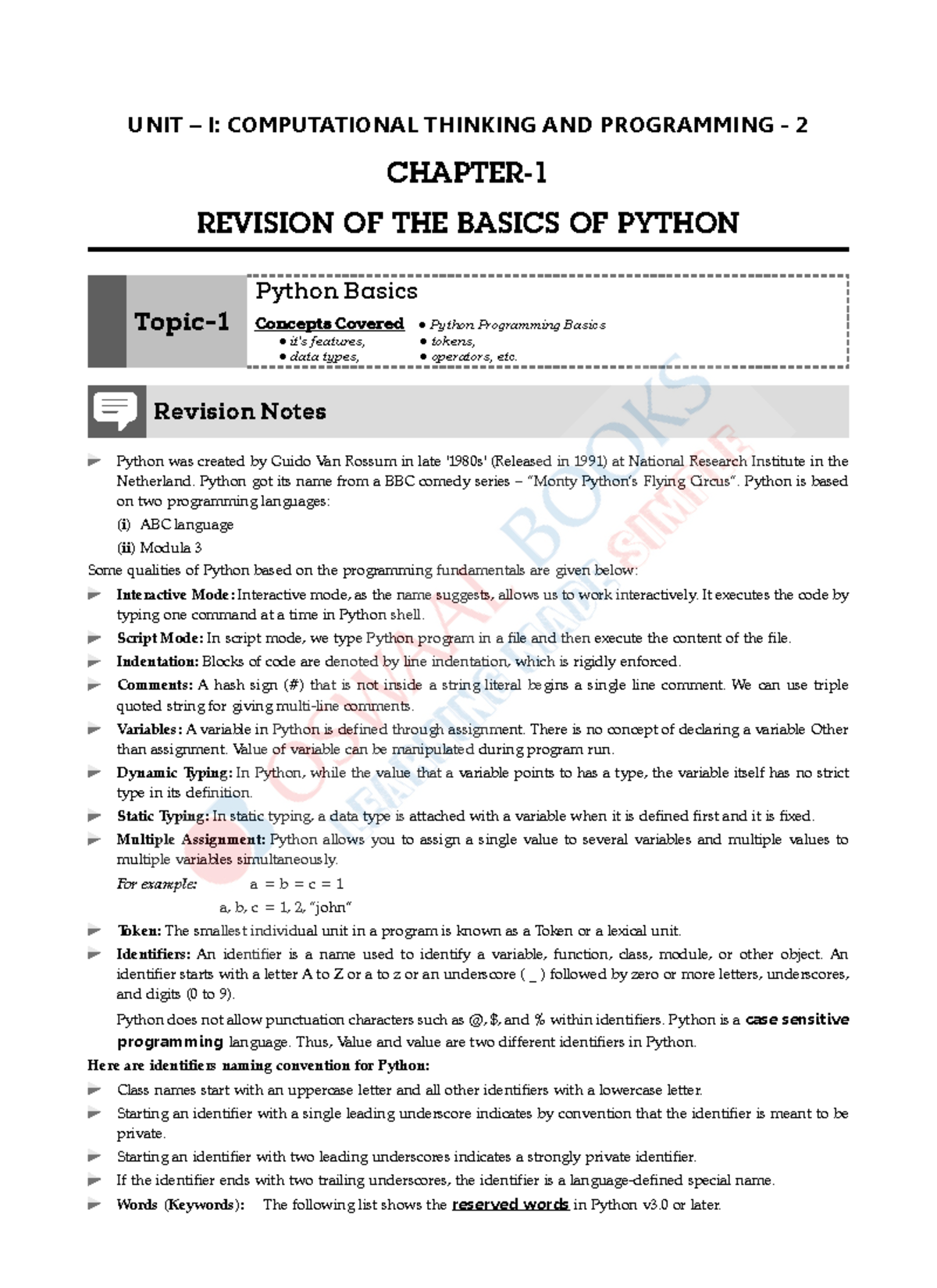 Revision Notes for Computer Science II: Unit I - Python Basics - Studocu